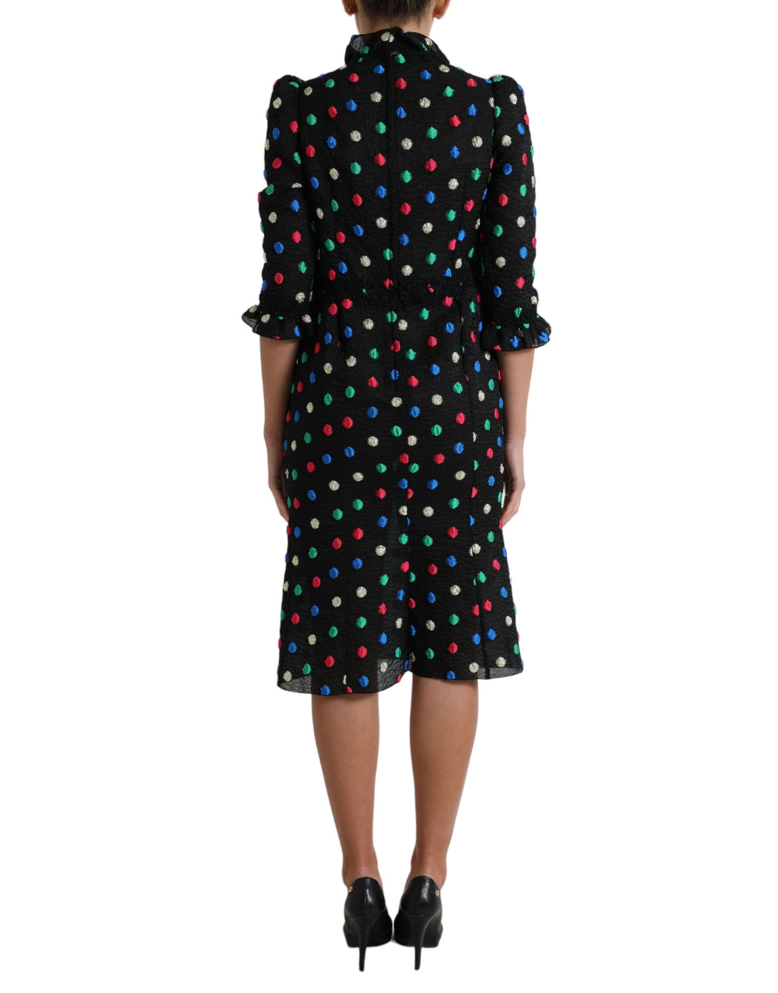 Black Polka Dot Ruffle Cotton Midi Dress - ventzia