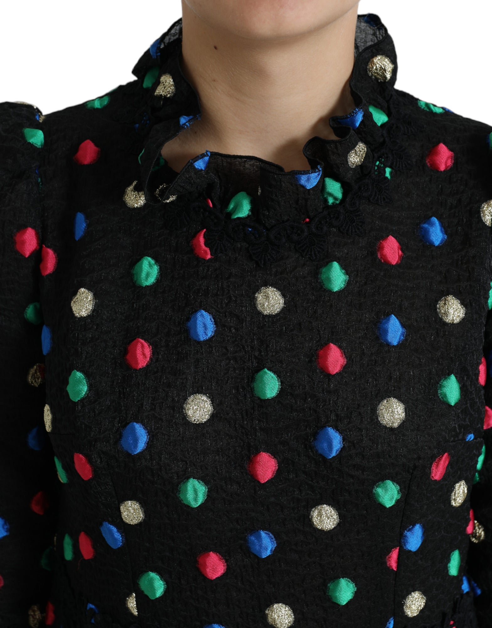 Black Polka Dot Ruffle Cotton Midi Dress - ventzia