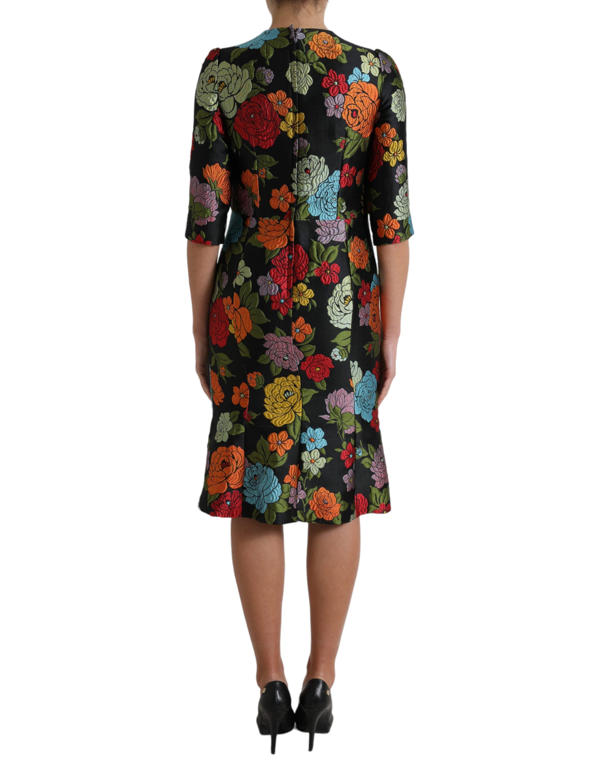 Black Floral Embroidery Knee Length Dress - ventzia