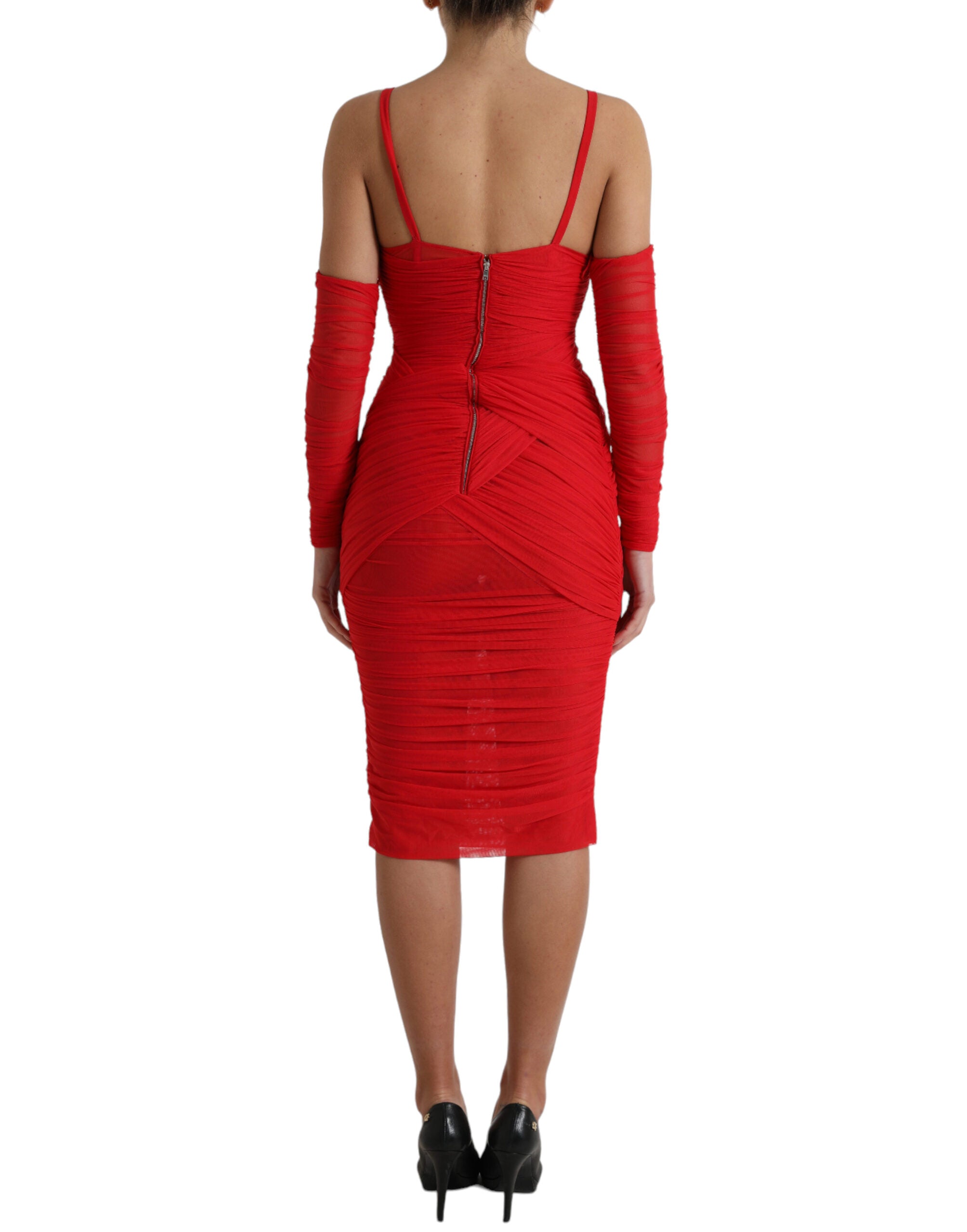 Red Nylon Stretch Cut Out Midi Dress - ventzia