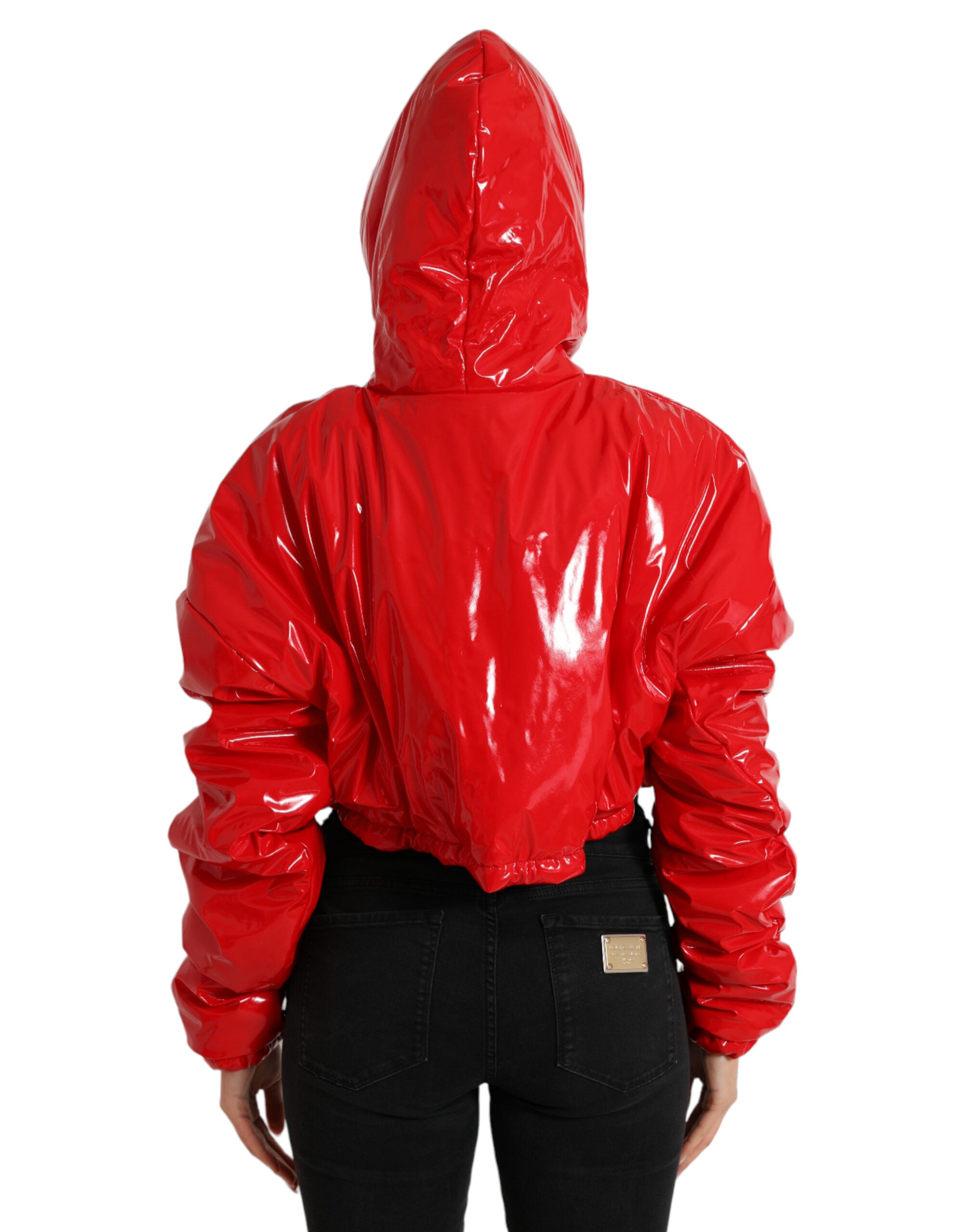 Shiny Red Hooded Cropped Short Coat Jacket - ventzia