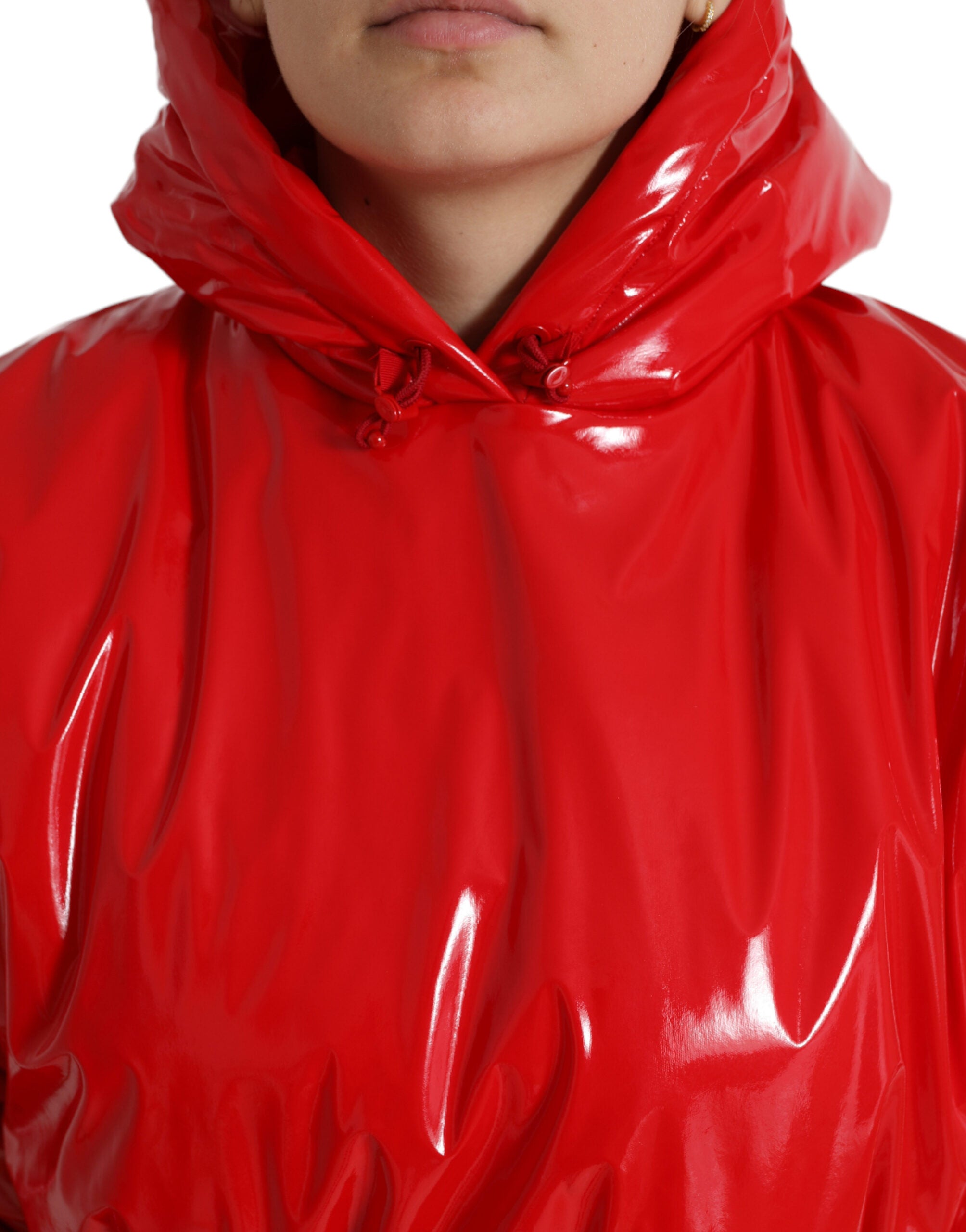 Shiny Red Hooded Cropped Short Coat Jacket - ventzia