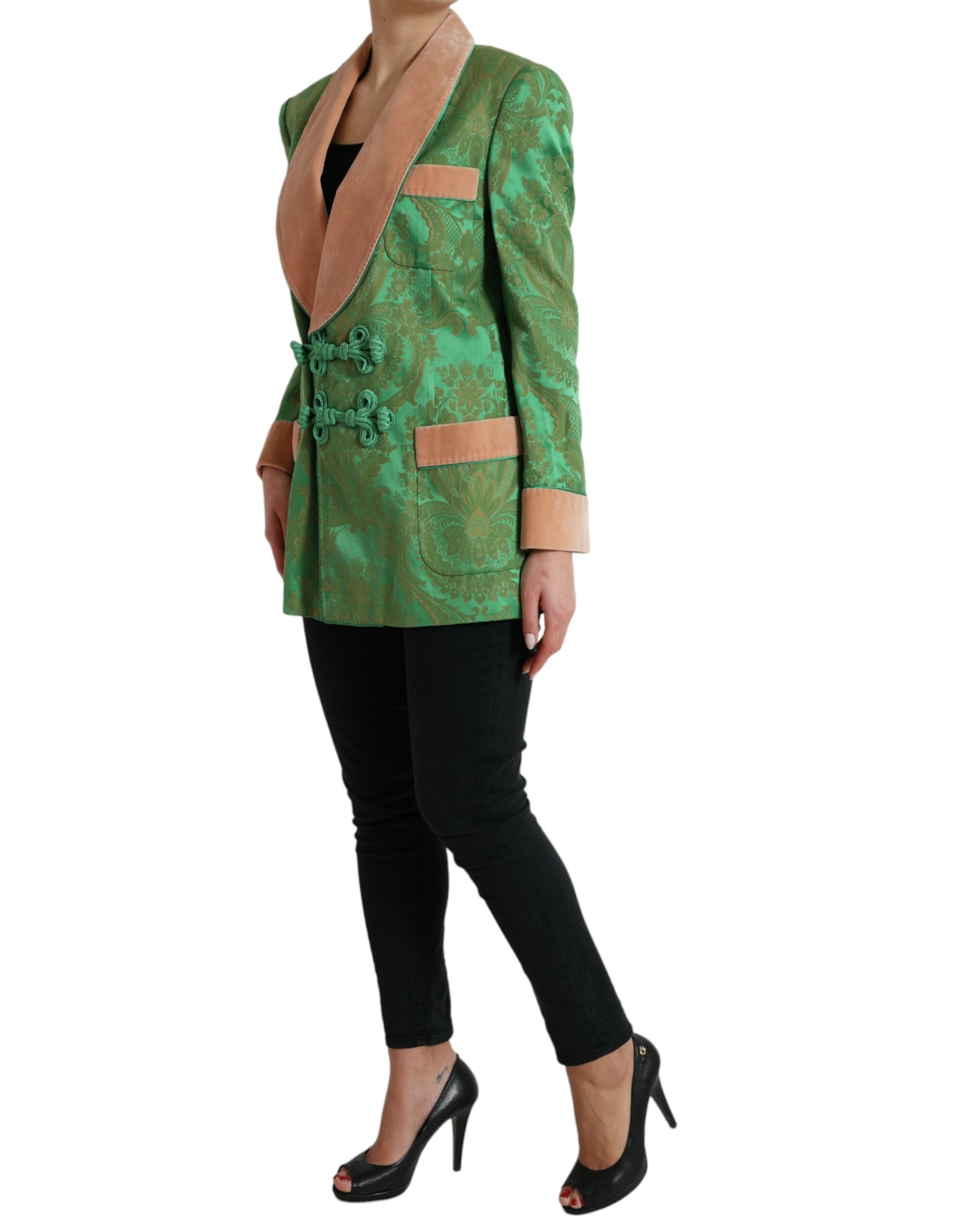 Green Floral Double Breasted Coat Jacket - ventzia