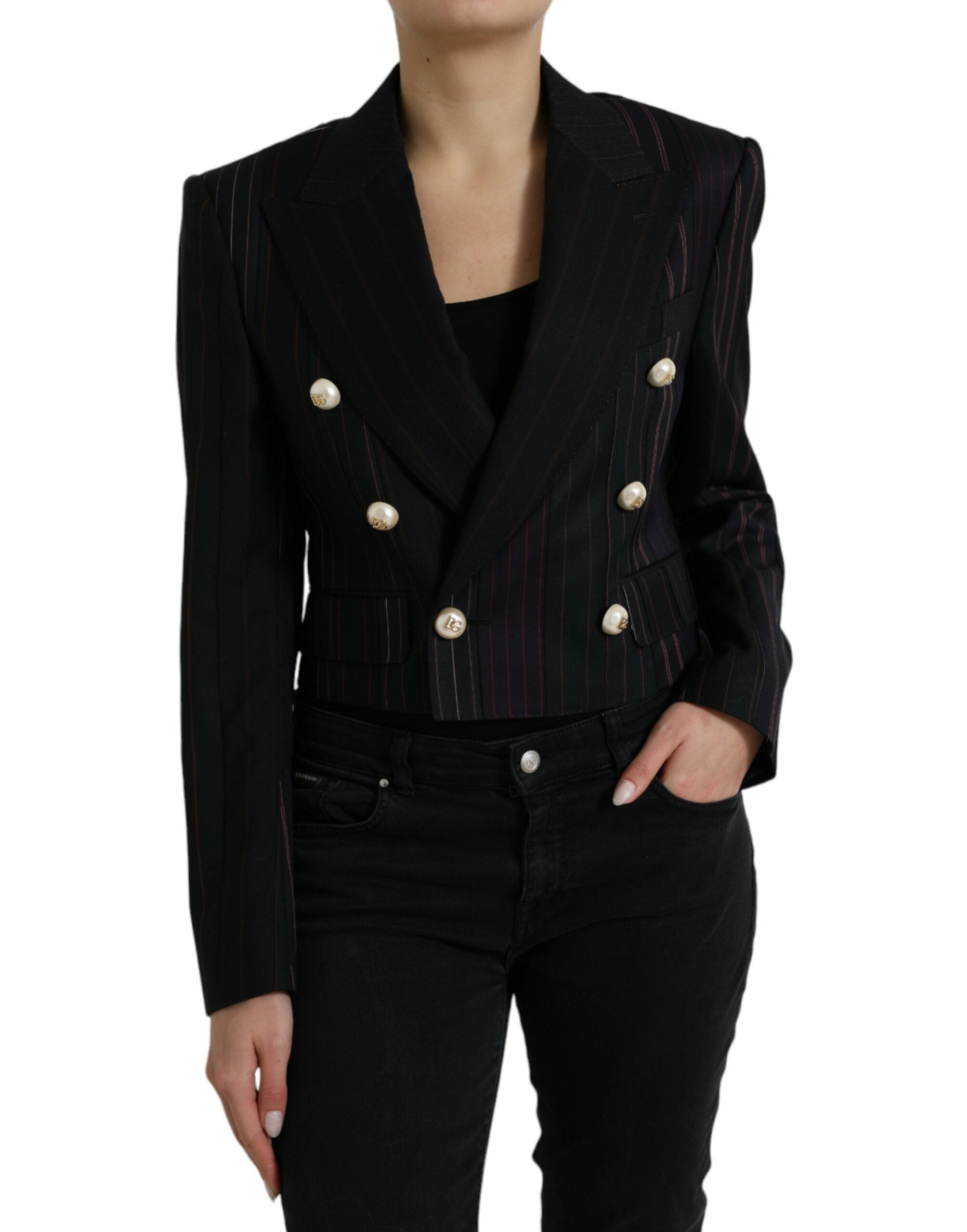 Black Striped SICILIA Double Breasted Jacket - ventzia