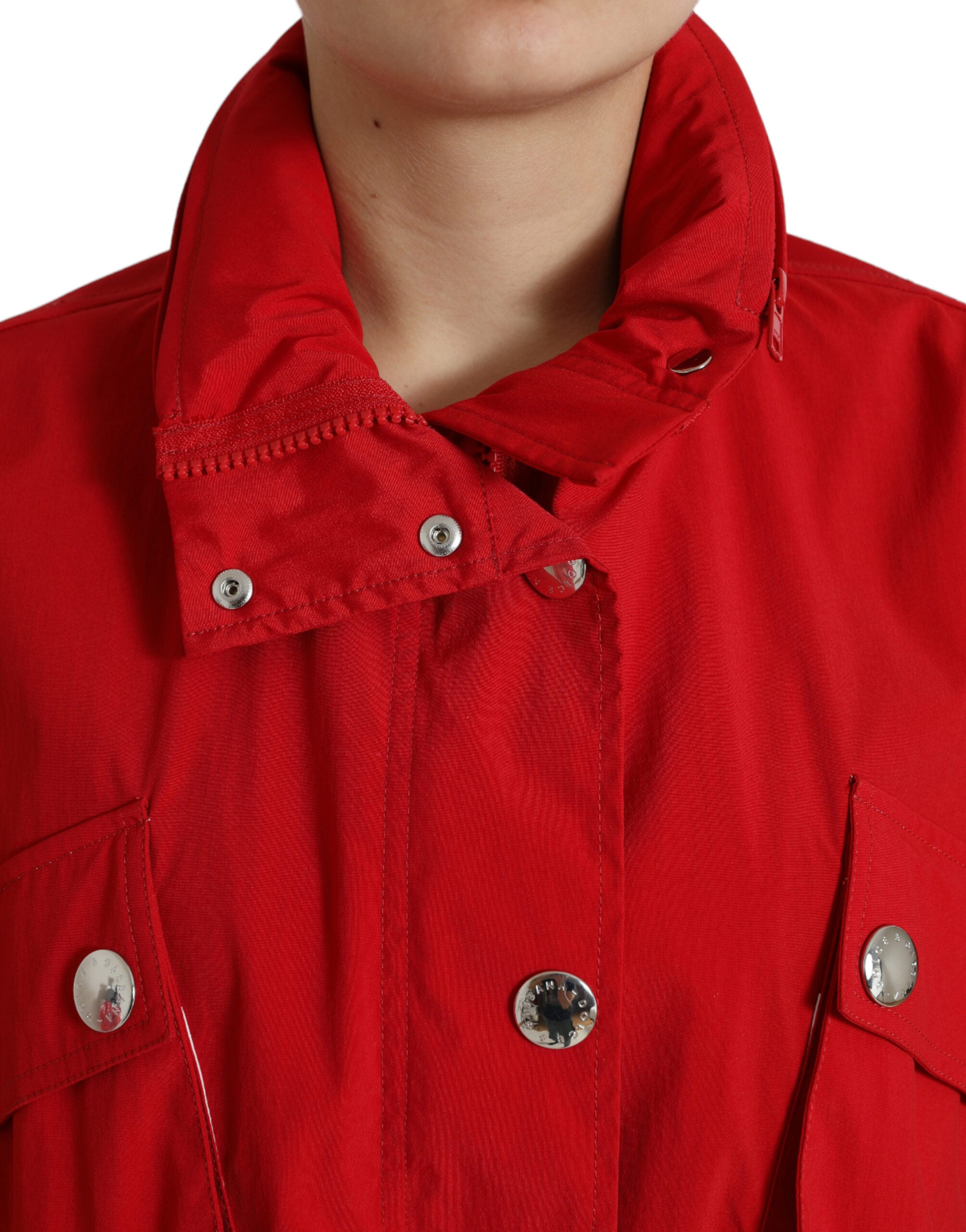 Red Polyester Hooded Button Rain Coat Jacket - ventzia