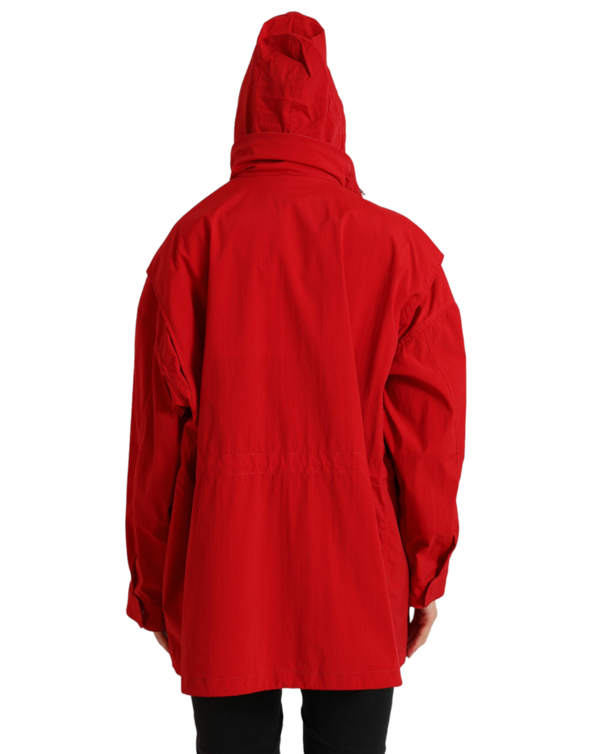 Red Polyester Hooded Button Rain Coat Jacket - ventzia