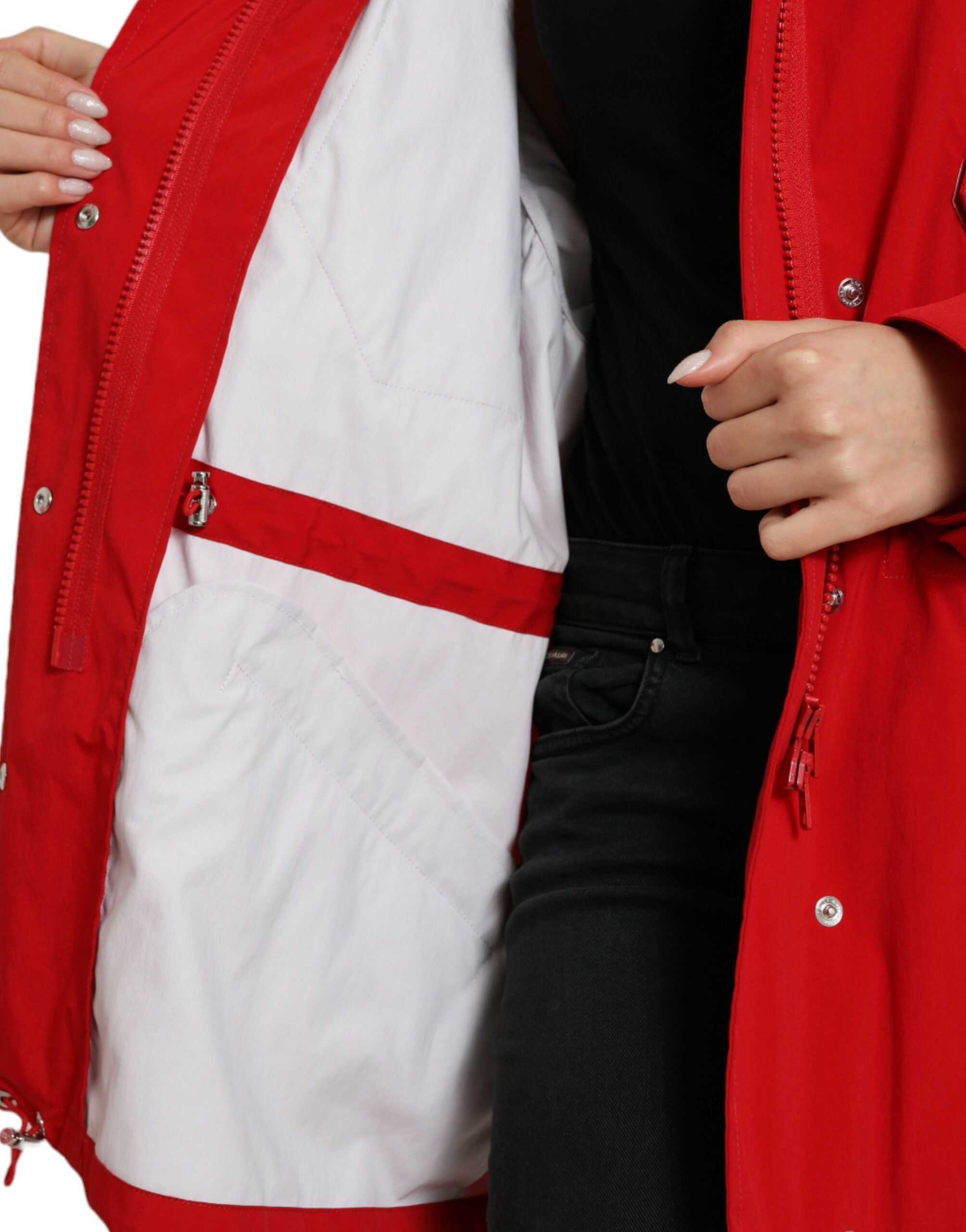 Red Polyester Hooded Button Rain Coat Jacket - ventzia