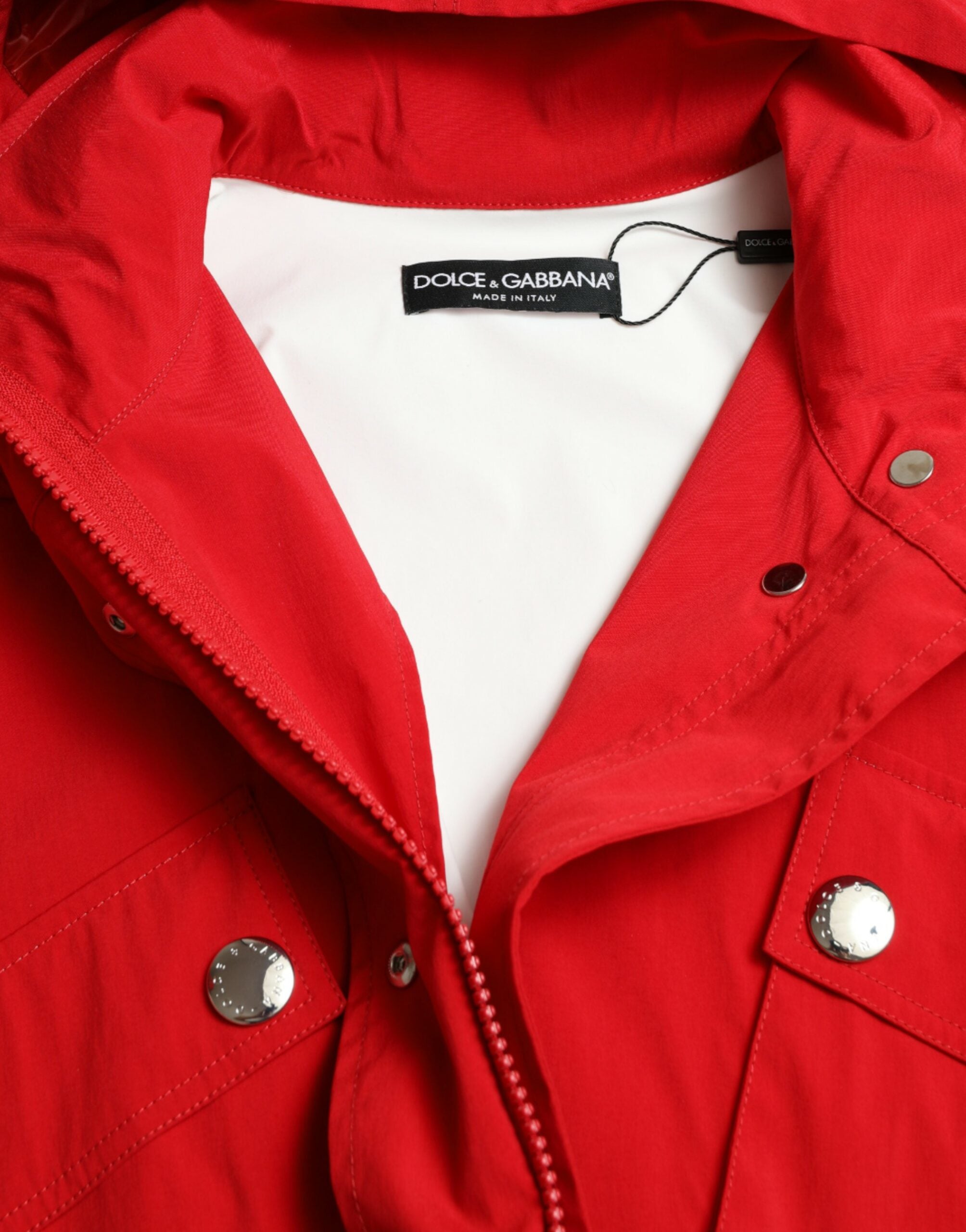 Red Polyester Hooded Button Rain Coat Jacket - ventzia