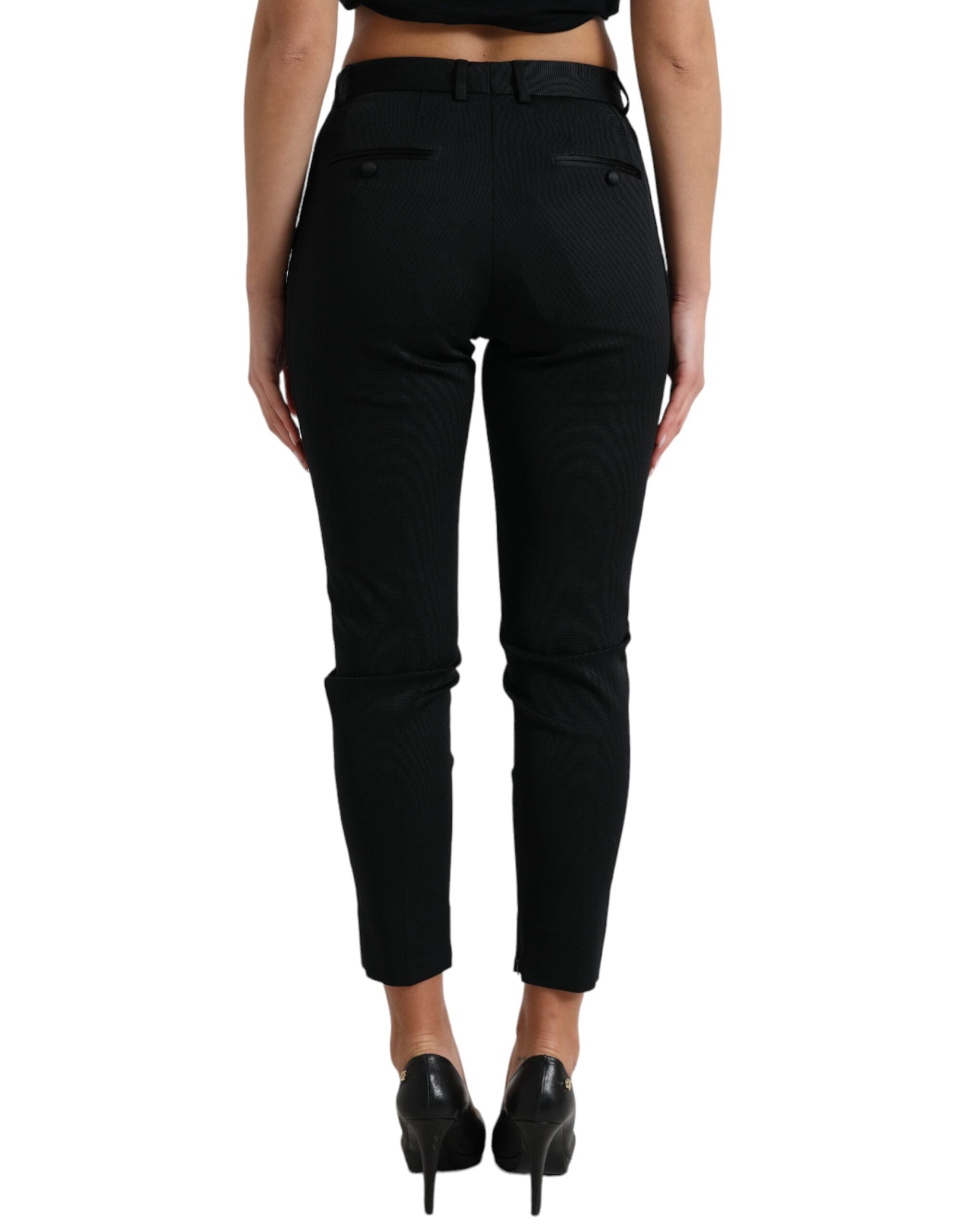 Black Mid Waist Skinny Cropped Pants - ventzia