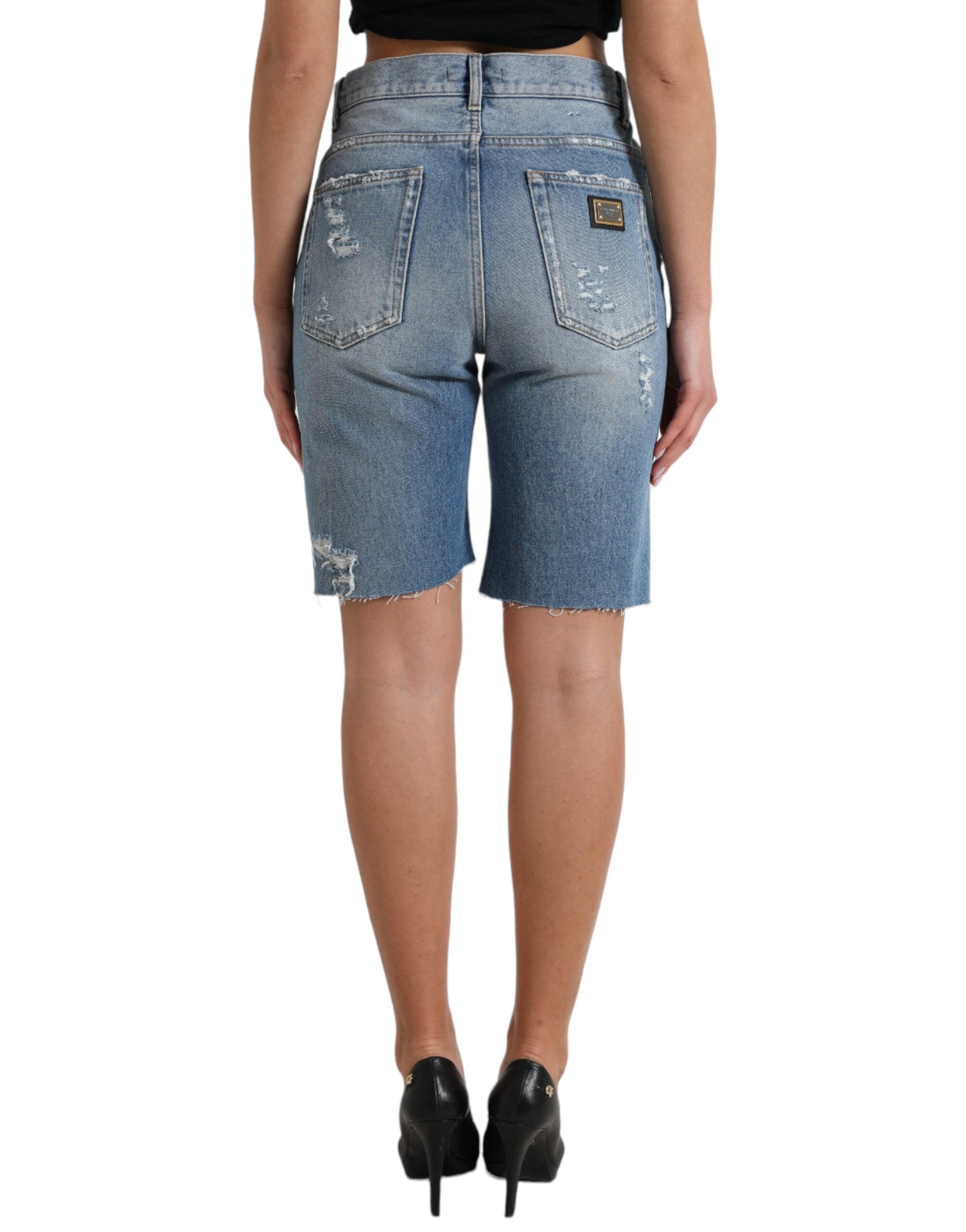 Blue Tattered Embellished Bermuda Shorts - ventzia