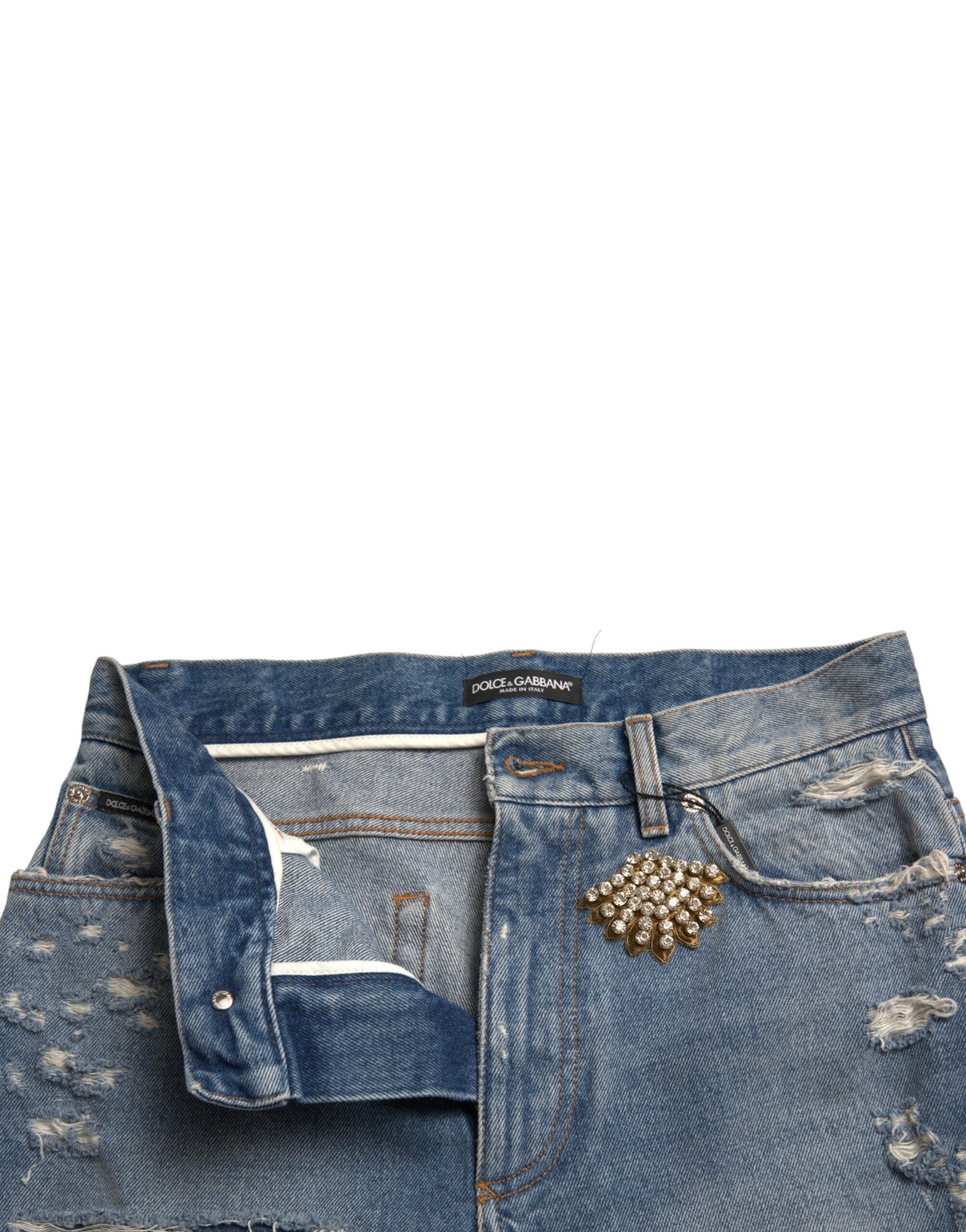 Blue Tattered Embellished Bermuda Shorts - ventzia