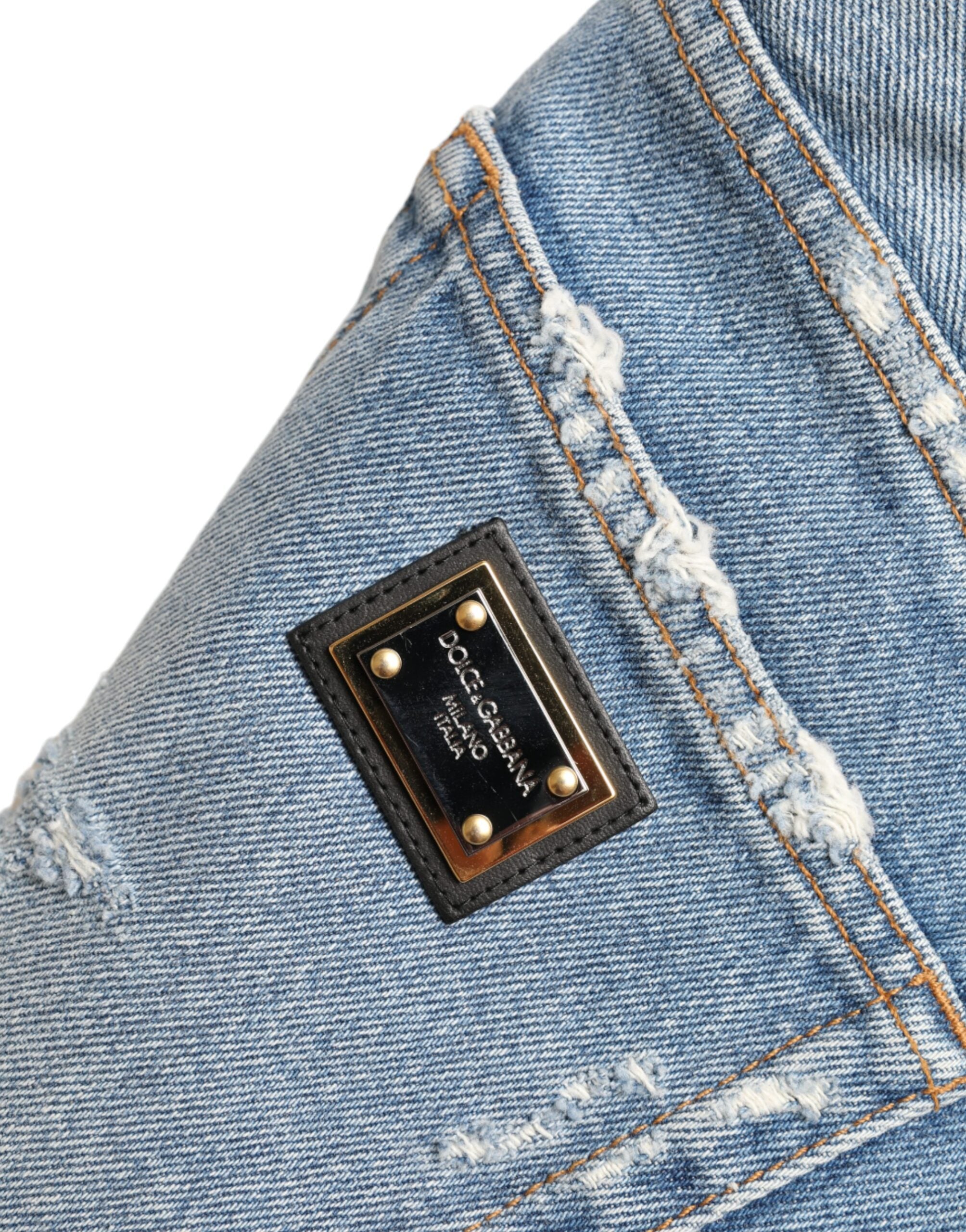 Blue Tattered Embellished Bermuda Shorts - ventzia