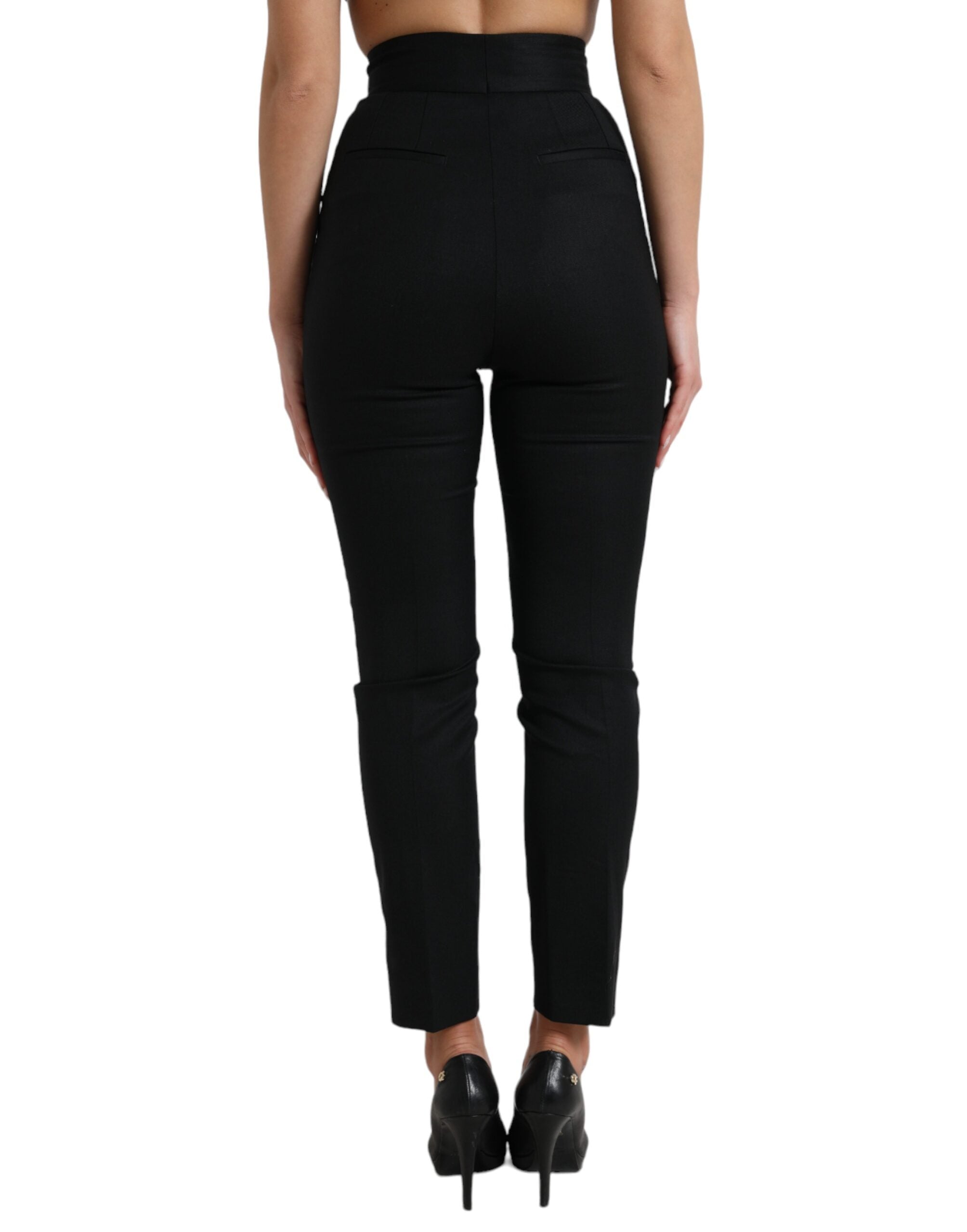 Black Wool High Waist Tapered Pants - ventzia
