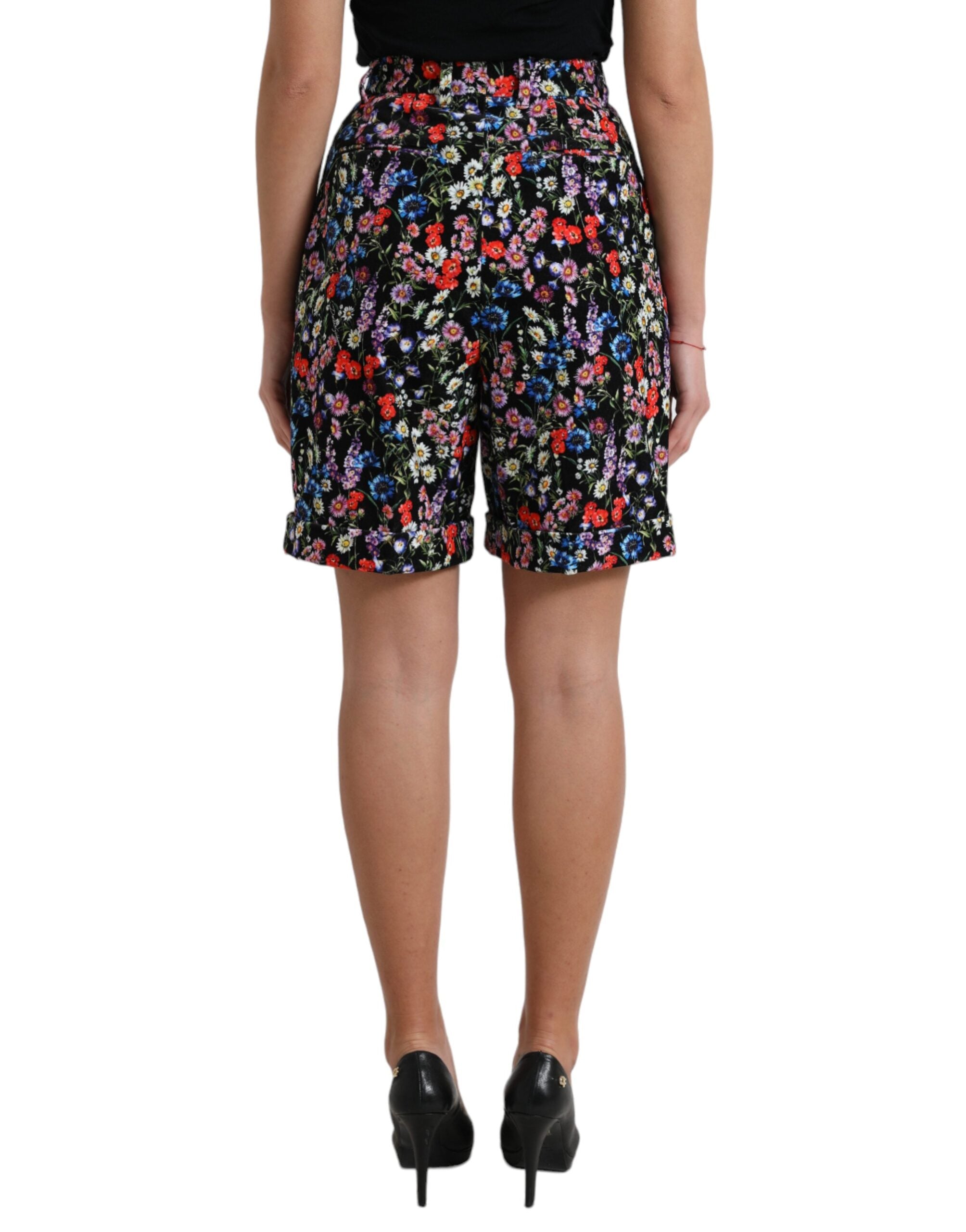 Black Floral High Waist Hot Pants Shorts - ventzia