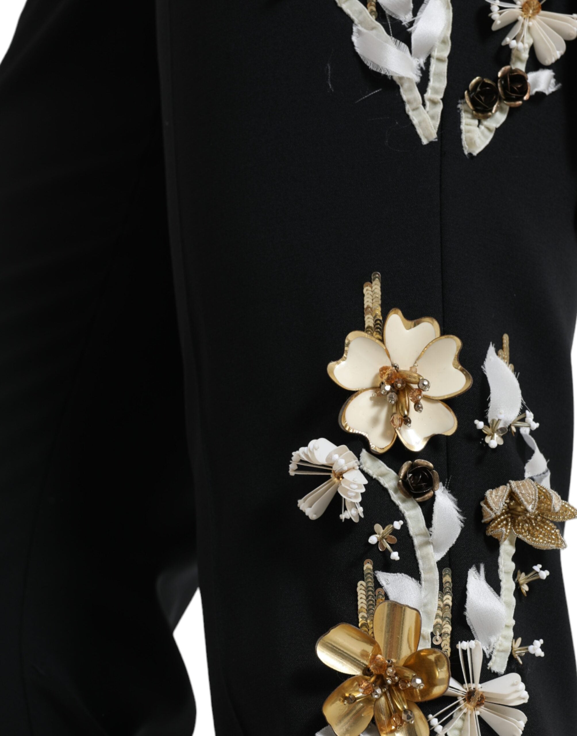 Black Floral Applique High Waist Tapered Pants - ventzia