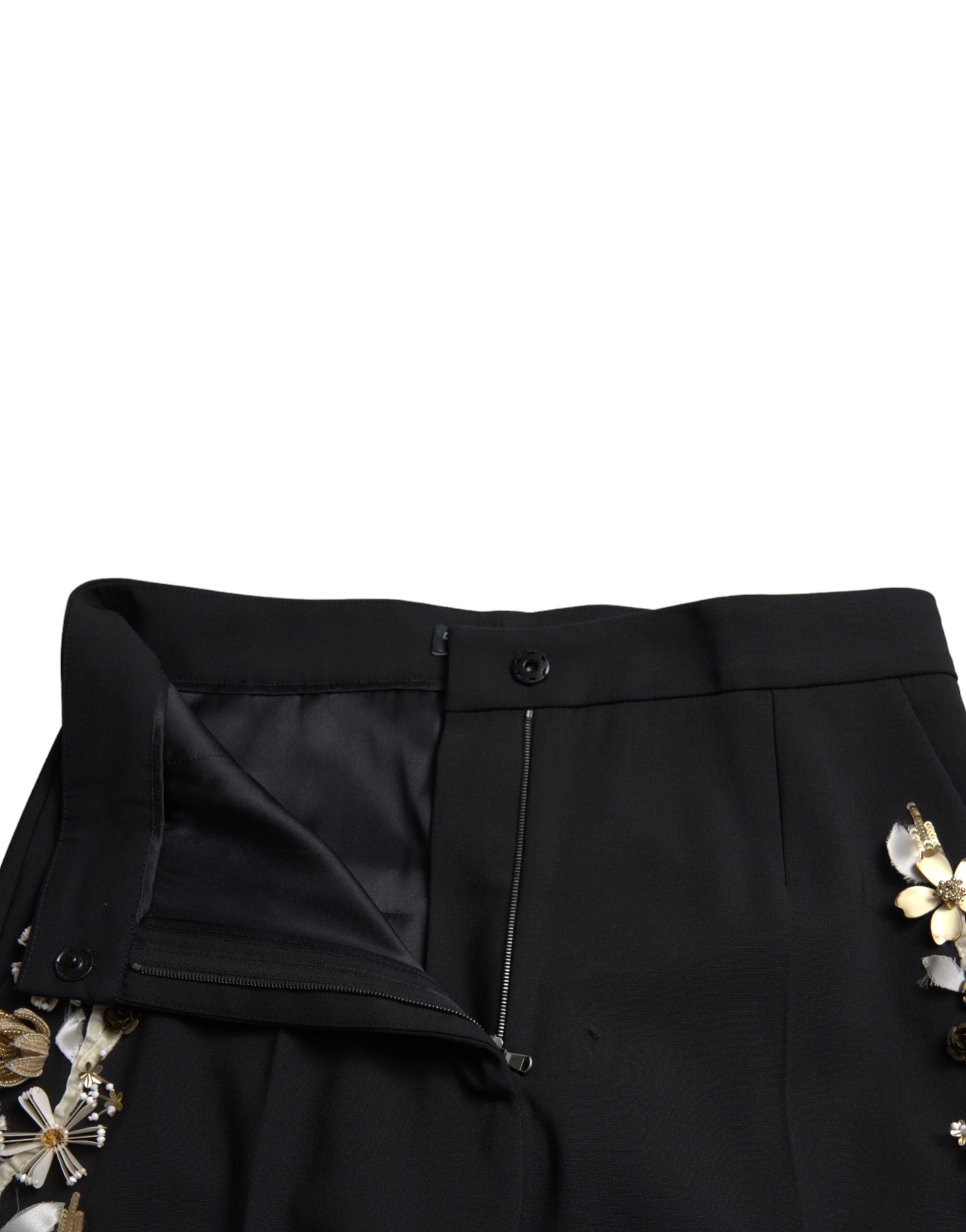 Black Floral Applique High Waist Tapered Pants - ventzia