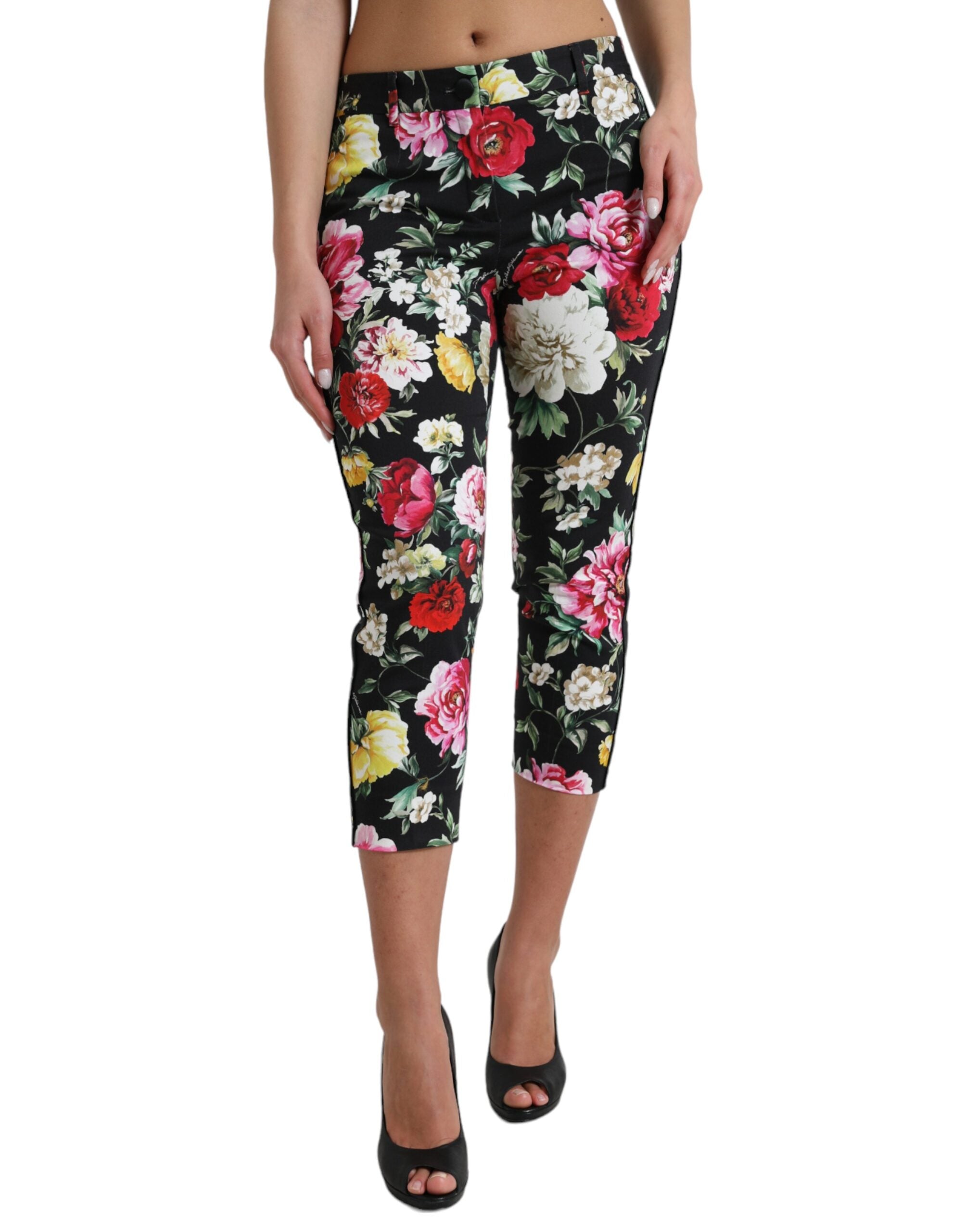 Black Floral Print Mid Waist Cropped Pants - ventzia