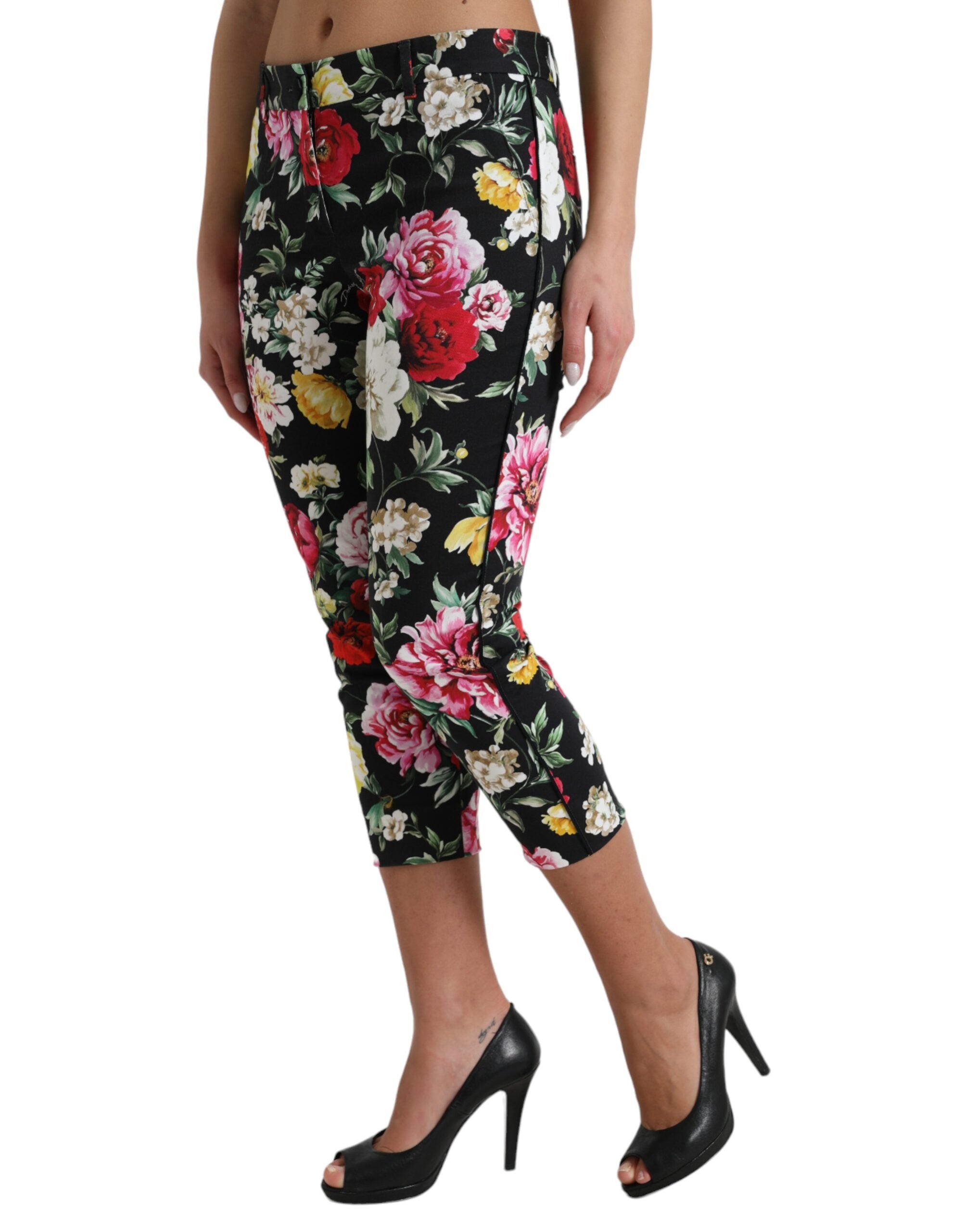 Black Floral Print Mid Waist Cropped Pants - ventzia