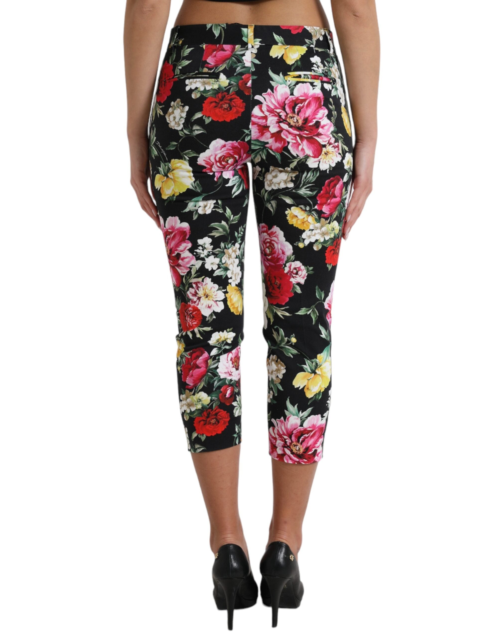 Black Floral Print Mid Waist Cropped Pants - ventzia