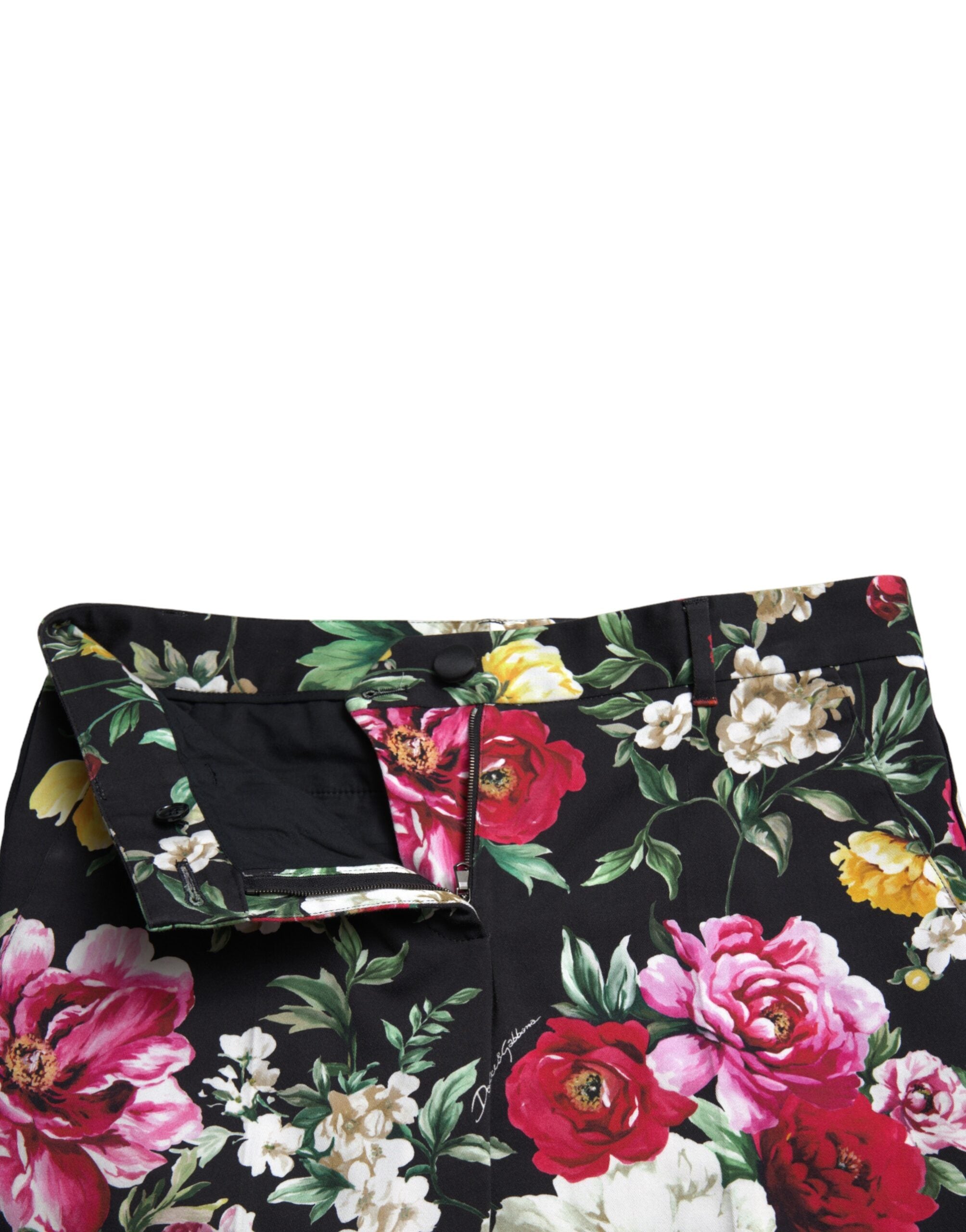 Black Floral Print Mid Waist Cropped Pants - ventzia