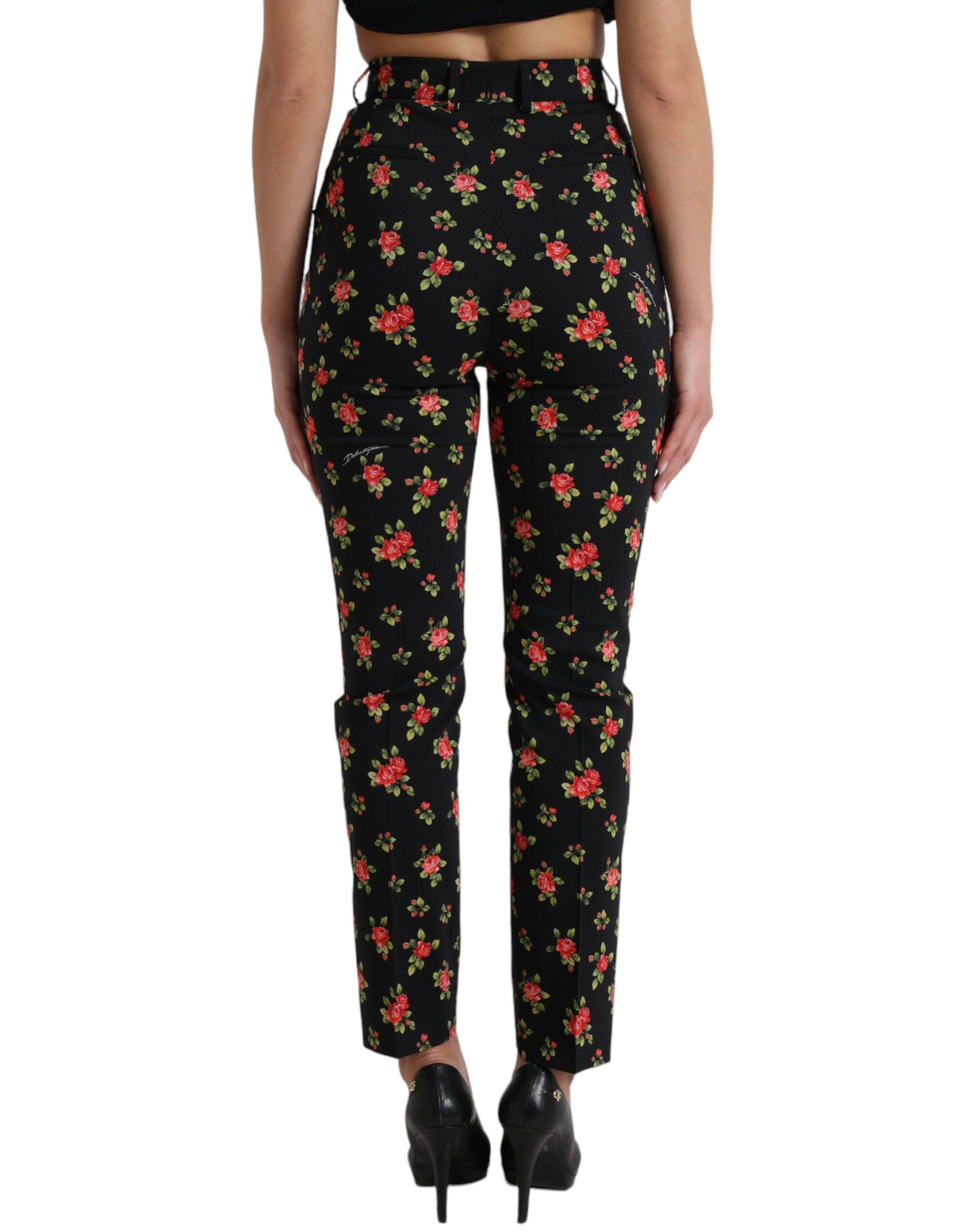 Black Floral Wool High Waist Tapered Pants - ventzia