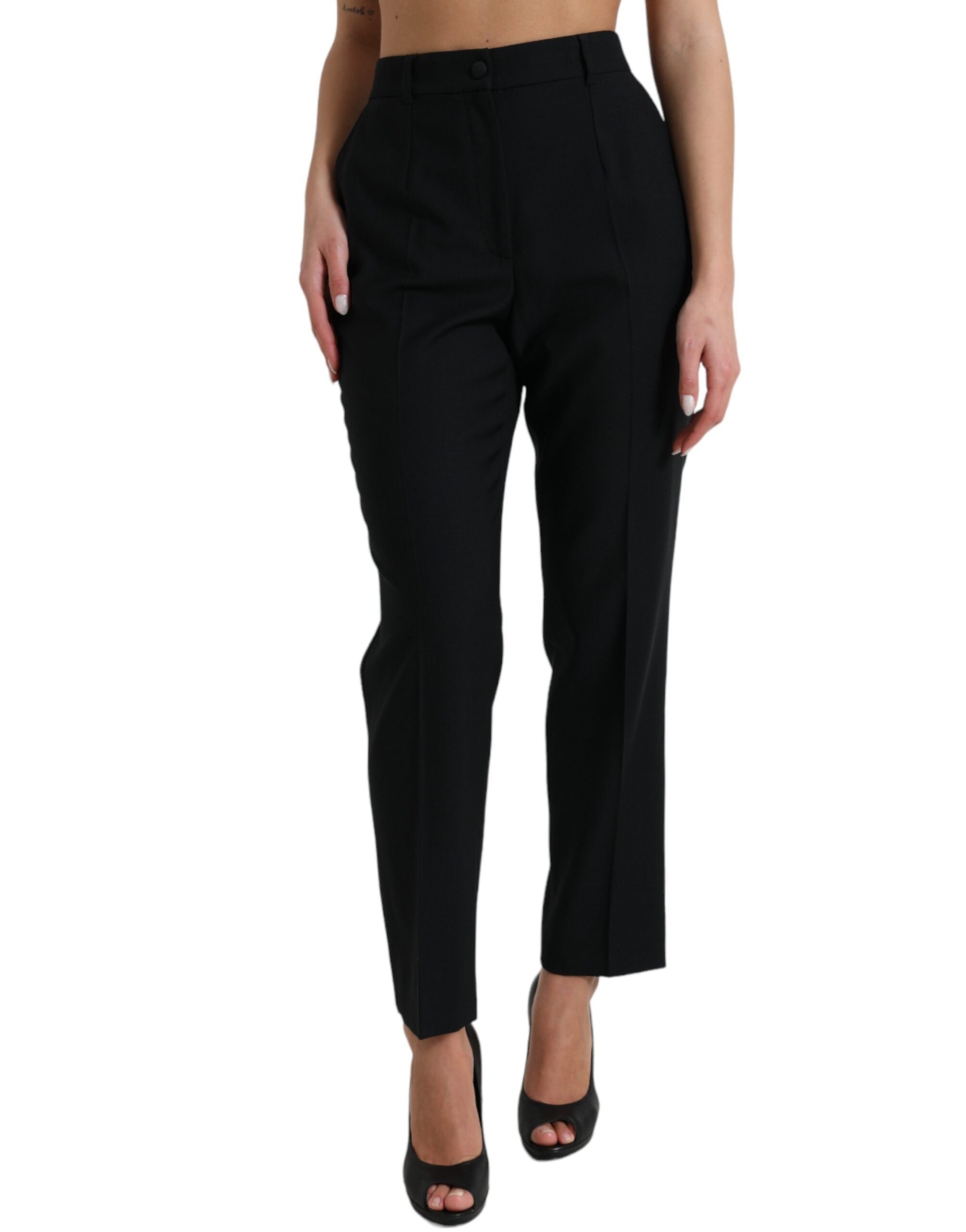 Black Wool High Waist Straight Pants - ventzia