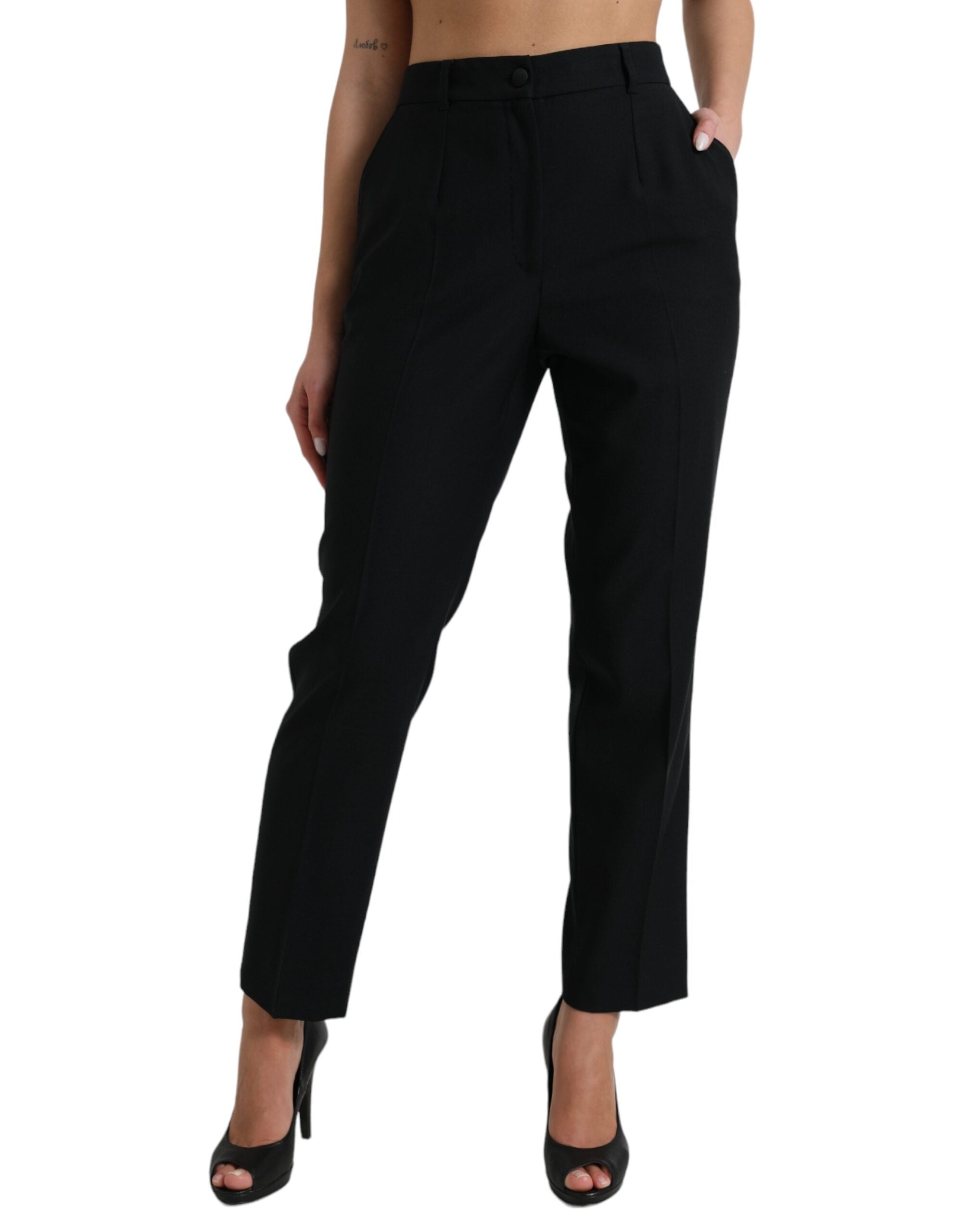 Black Wool High Waist Straight Pants - ventzia