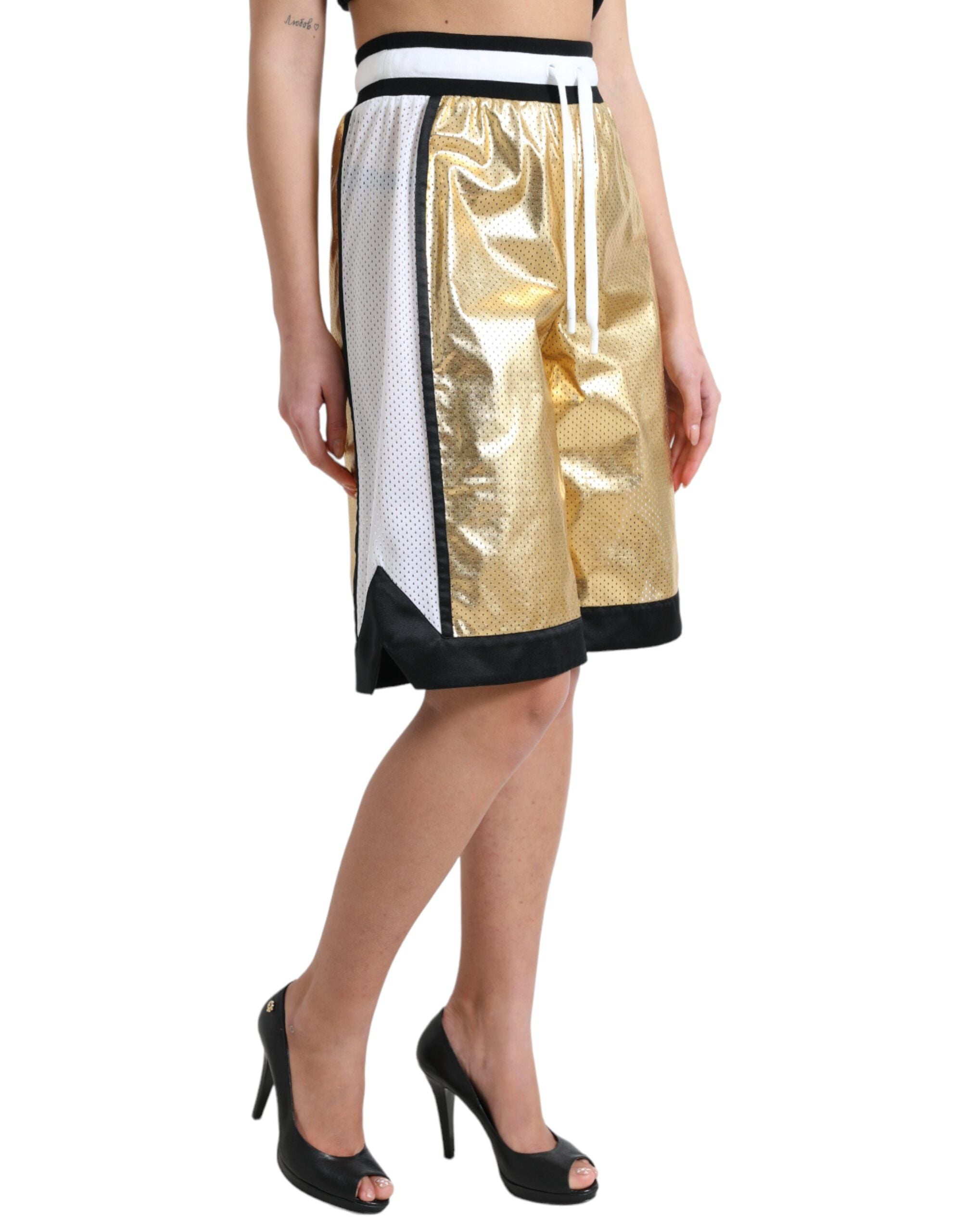 Gold Polyester Perforated High Waist Shorts - ventzia
