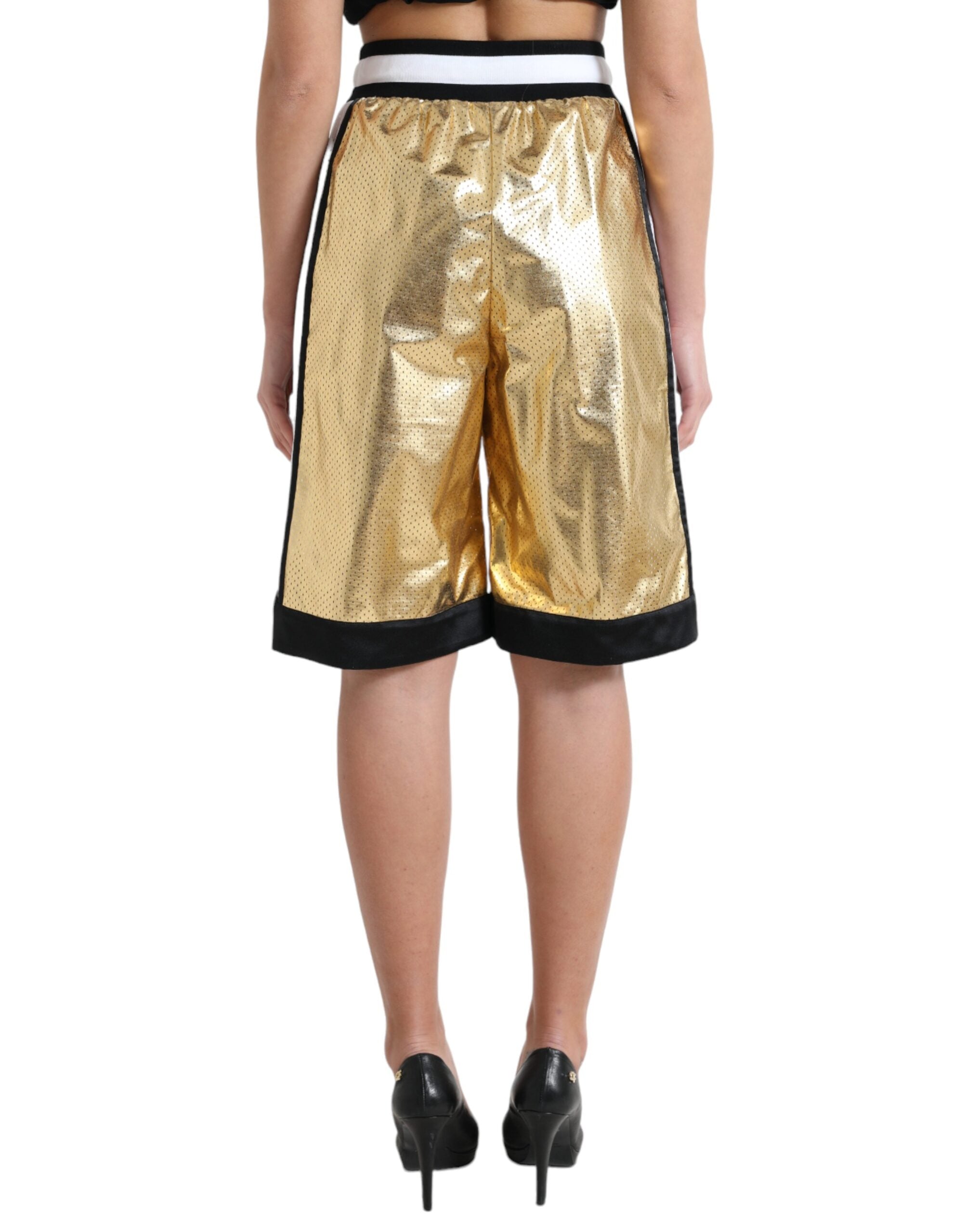Gold Polyester Perforated High Waist Shorts - ventzia