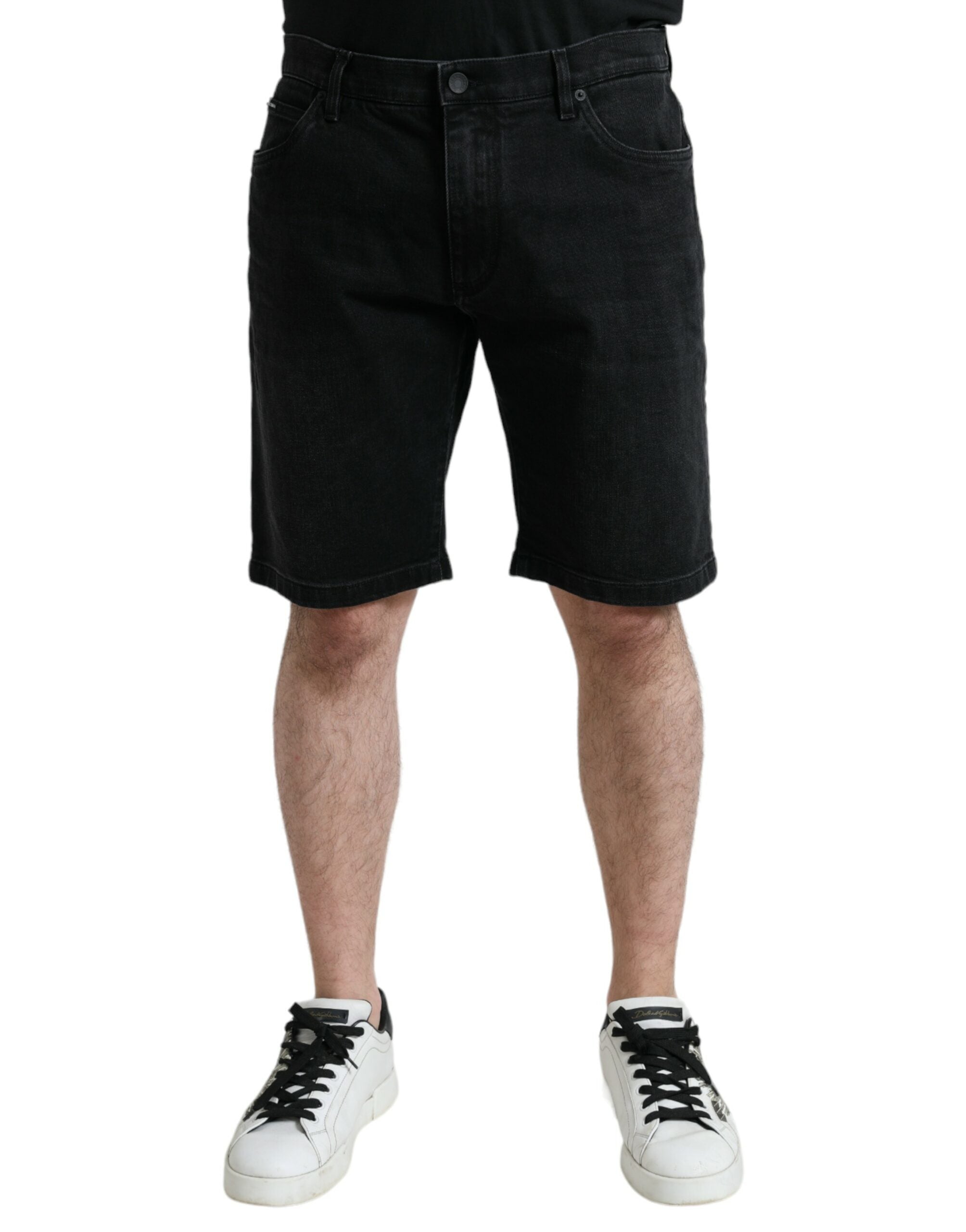 Black Cotton Stretch Bermuda Denim Shorts - ventzia