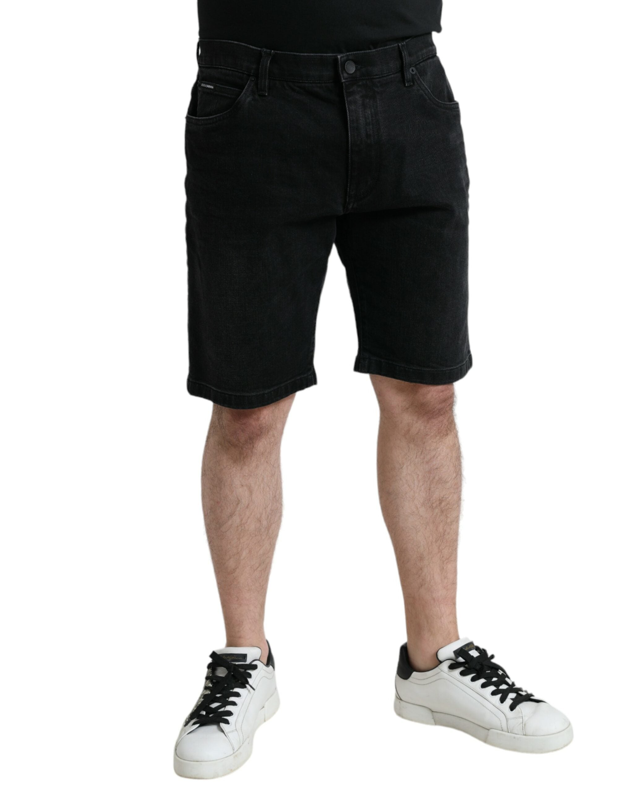 Black Cotton Stretch Bermuda Denim Shorts - ventzia