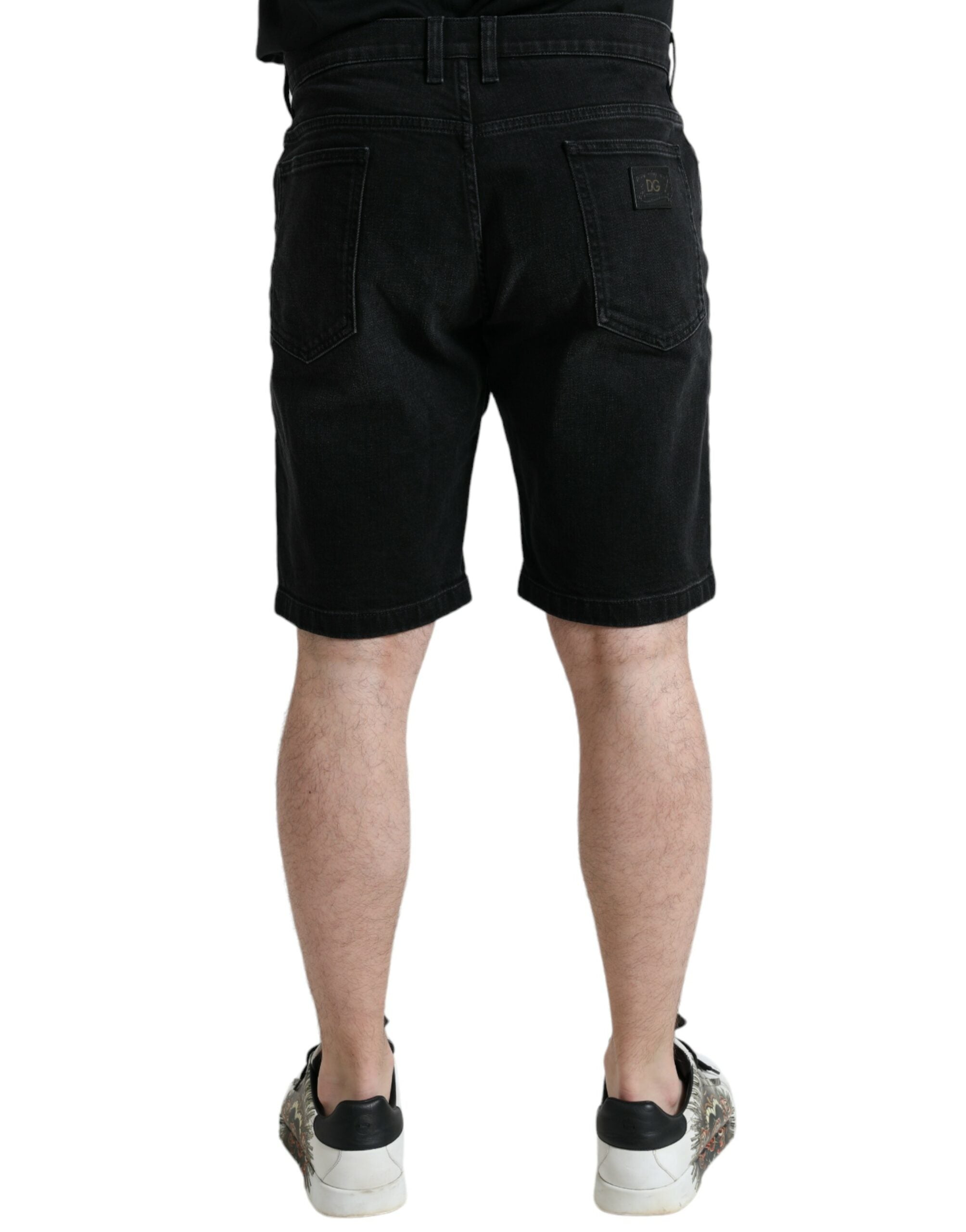 Black Cotton Stretch Bermuda Denim Shorts - ventzia