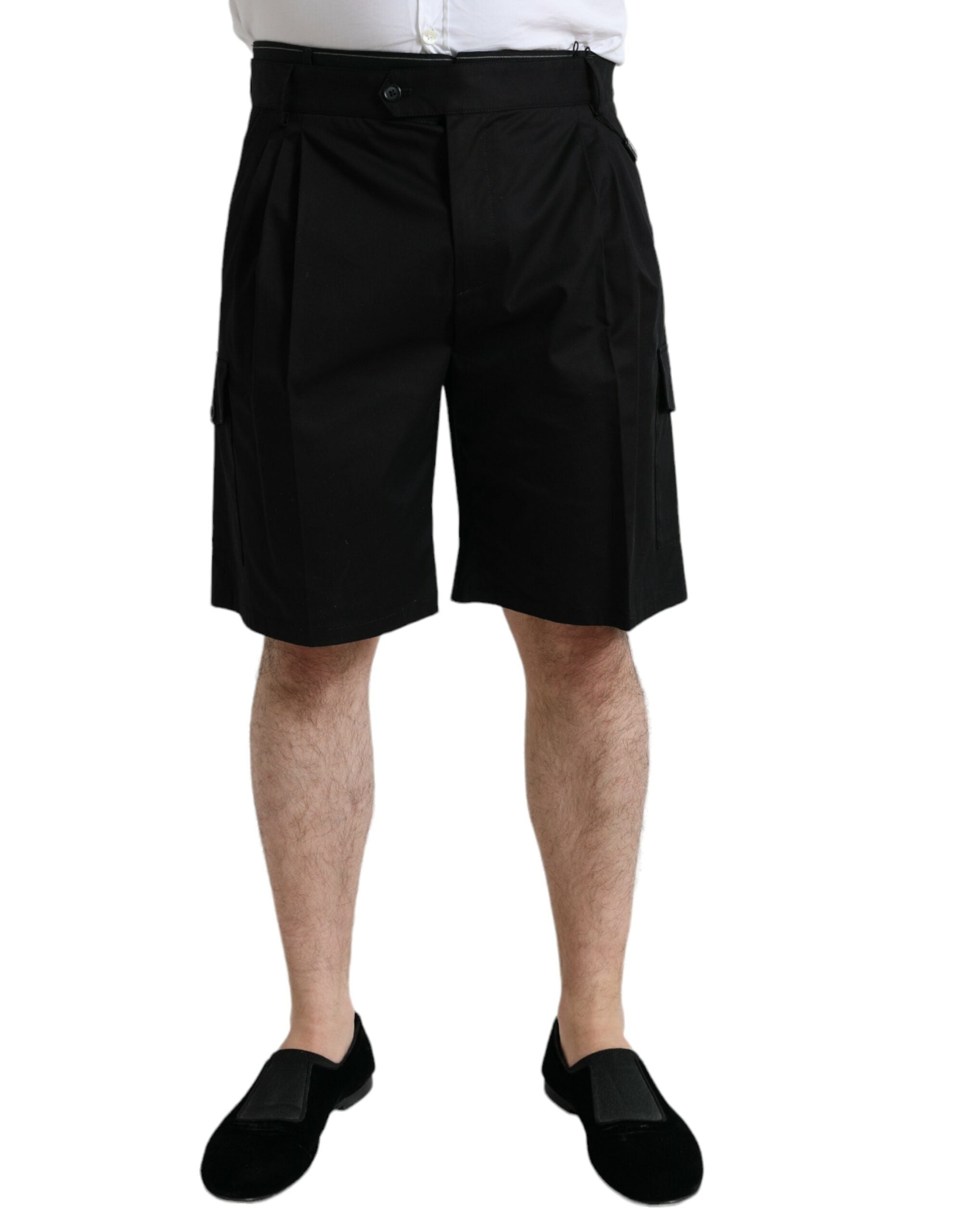 Black Cotton Stretch Cargo Bermuda Shorts - ventzia