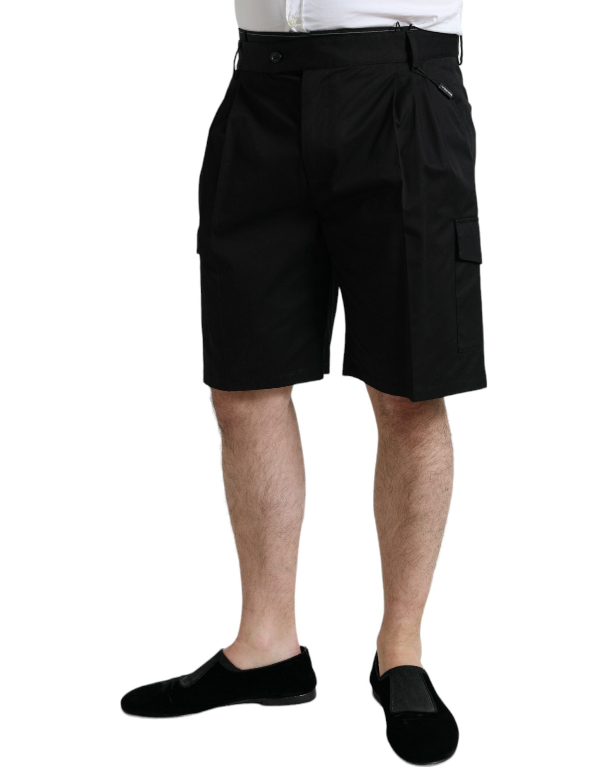Black Cotton Stretch Cargo Bermuda Shorts - ventzia
