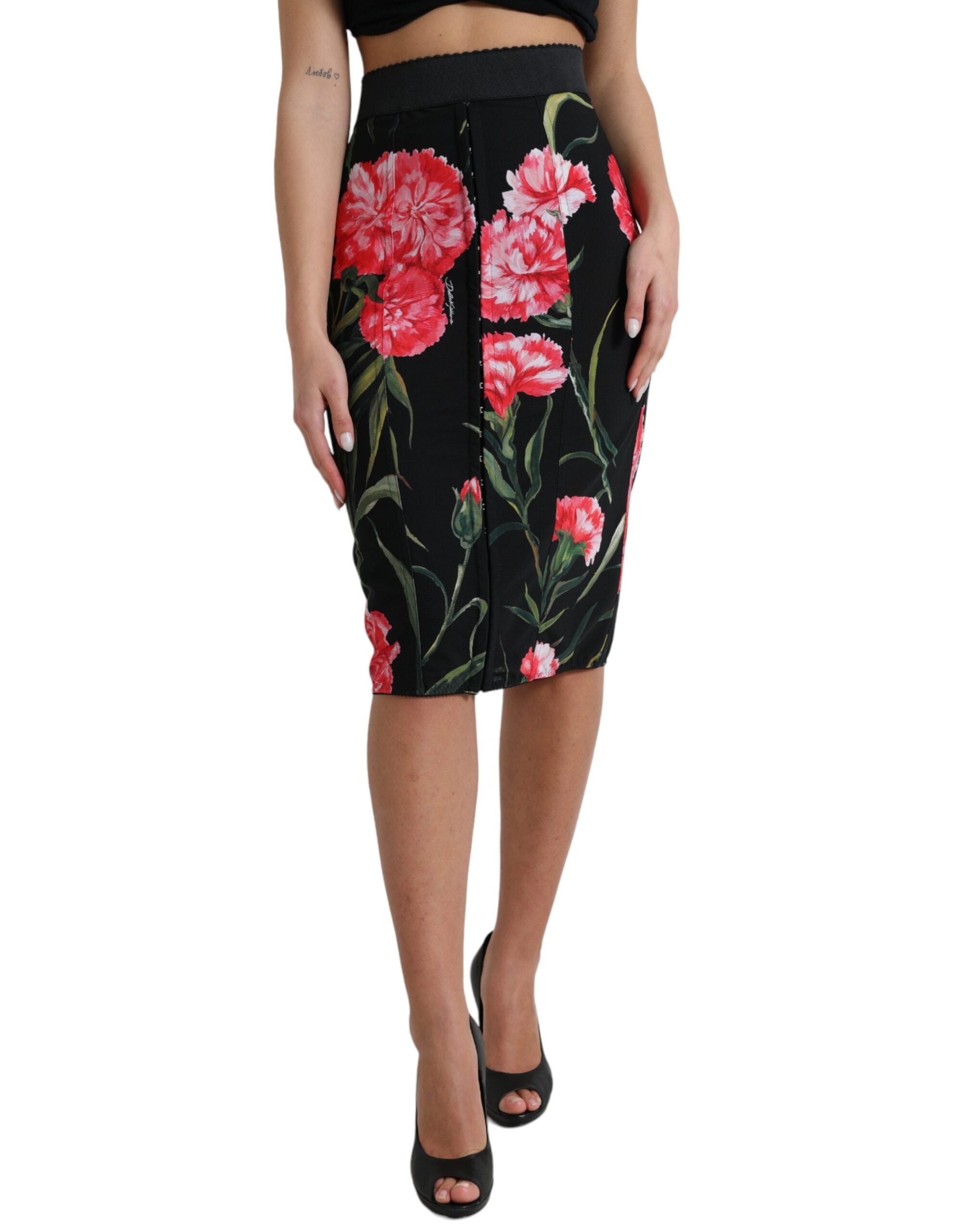 Black Carnation Pencil Cut Knee Length Skirt - ventzia
