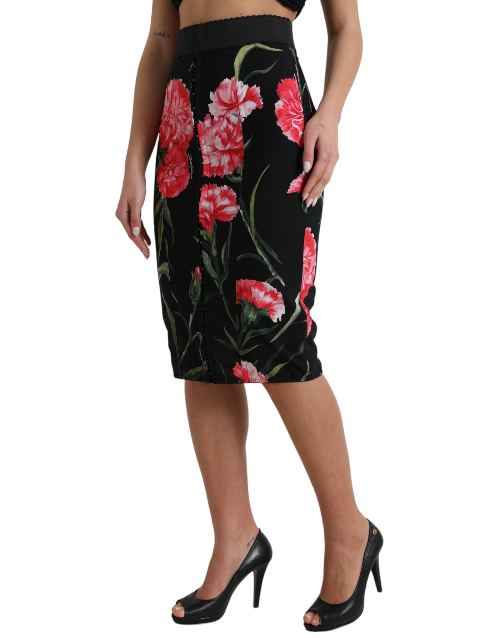 Black Carnation Pencil Cut Knee Length Skirt - ventzia