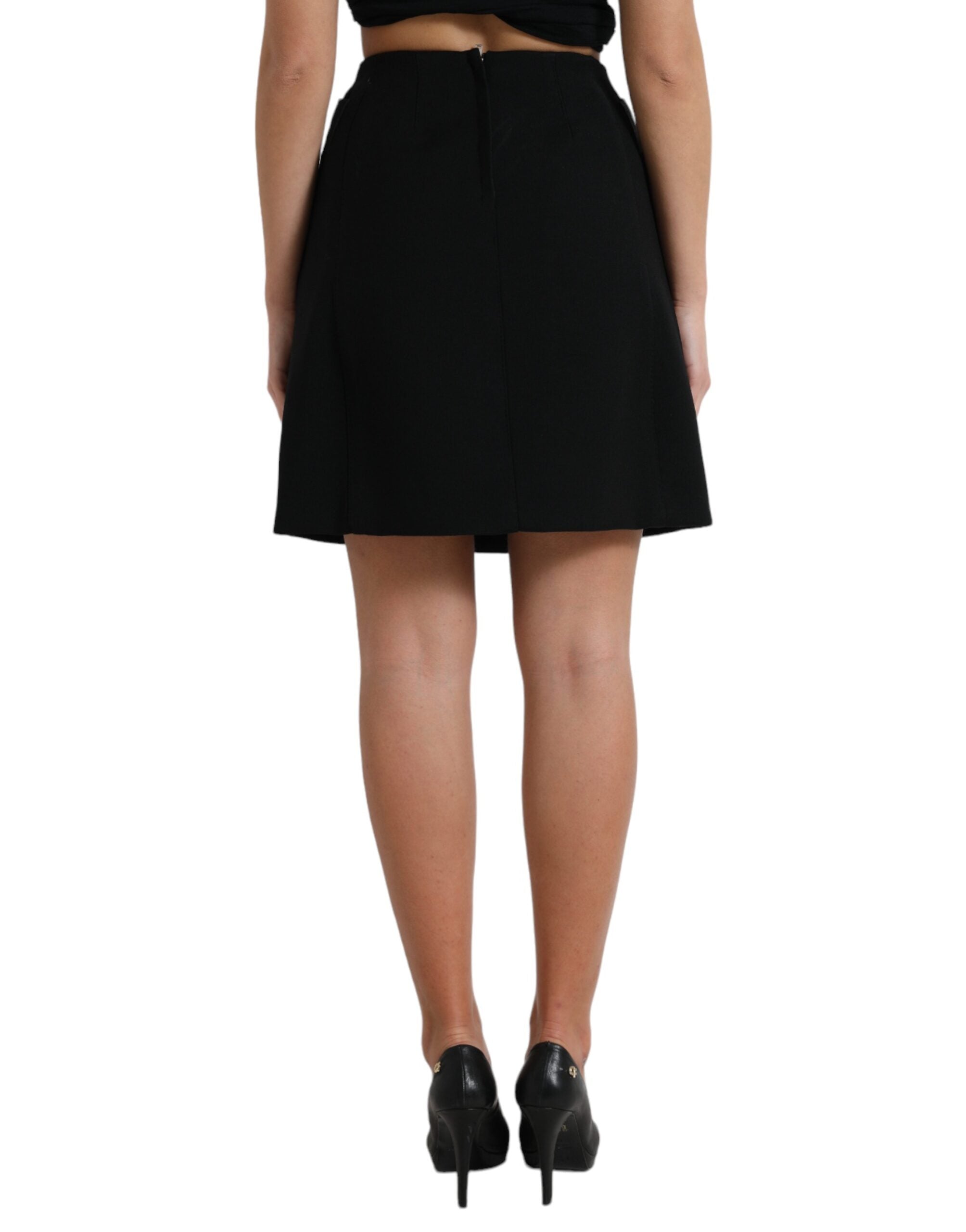 Black Wool Button High Waist Aline Mini Skirt - ventzia