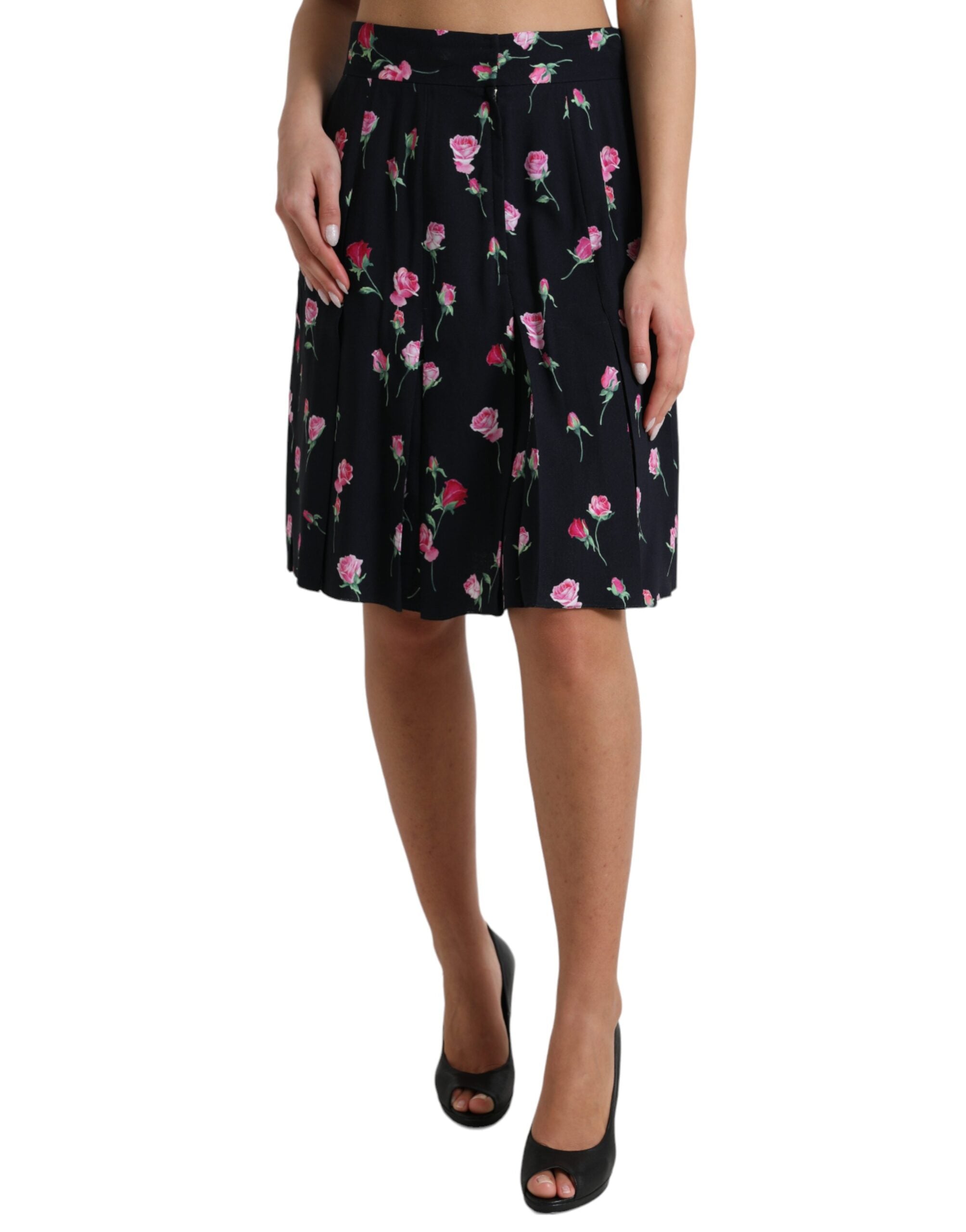 Black Rose High Waist A-line Knee Length Skirt - ventzia
