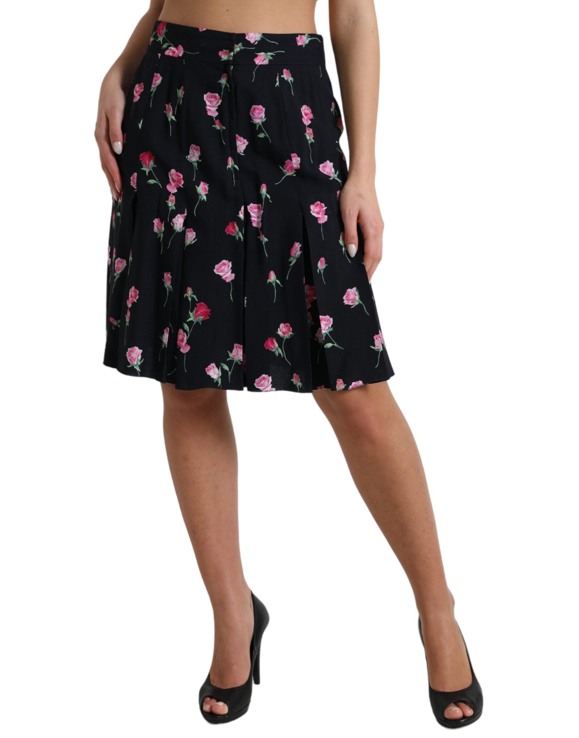 Black Rose High Waist A-line Knee Length Skirt - ventzia