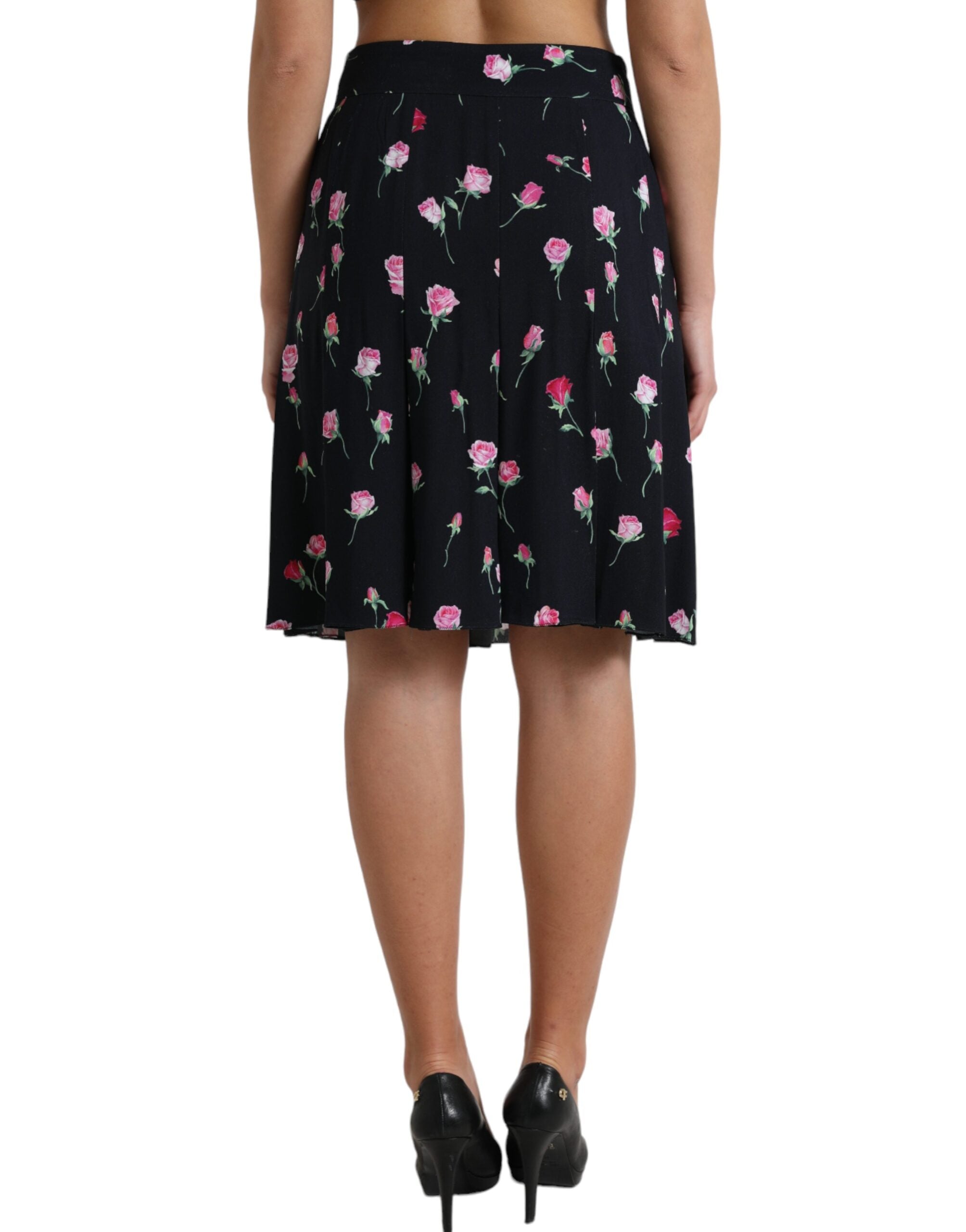Black Rose High Waist A-line Knee Length Skirt - ventzia