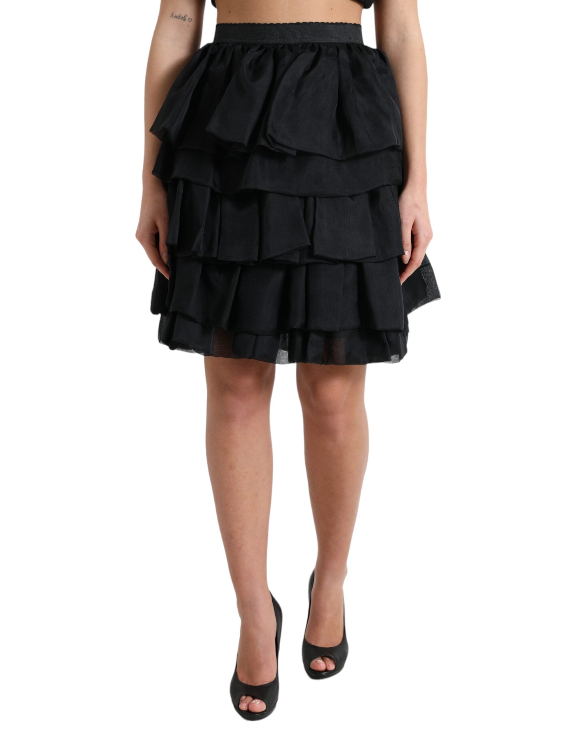 Black Tiered Aline High Waist Silk Mini Skirt - ventzia