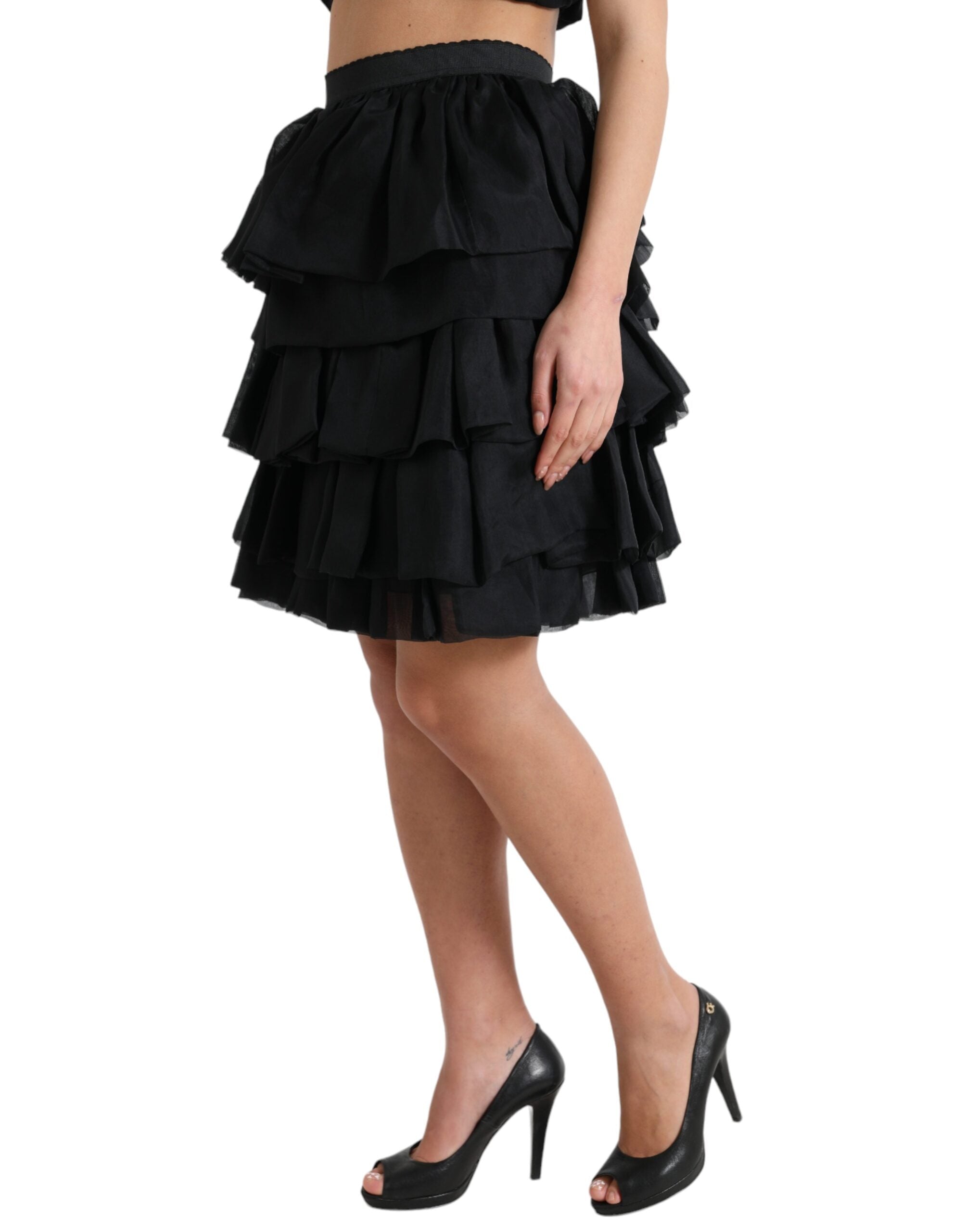 Black Tiered Aline High Waist Silk Mini Skirt - ventzia
