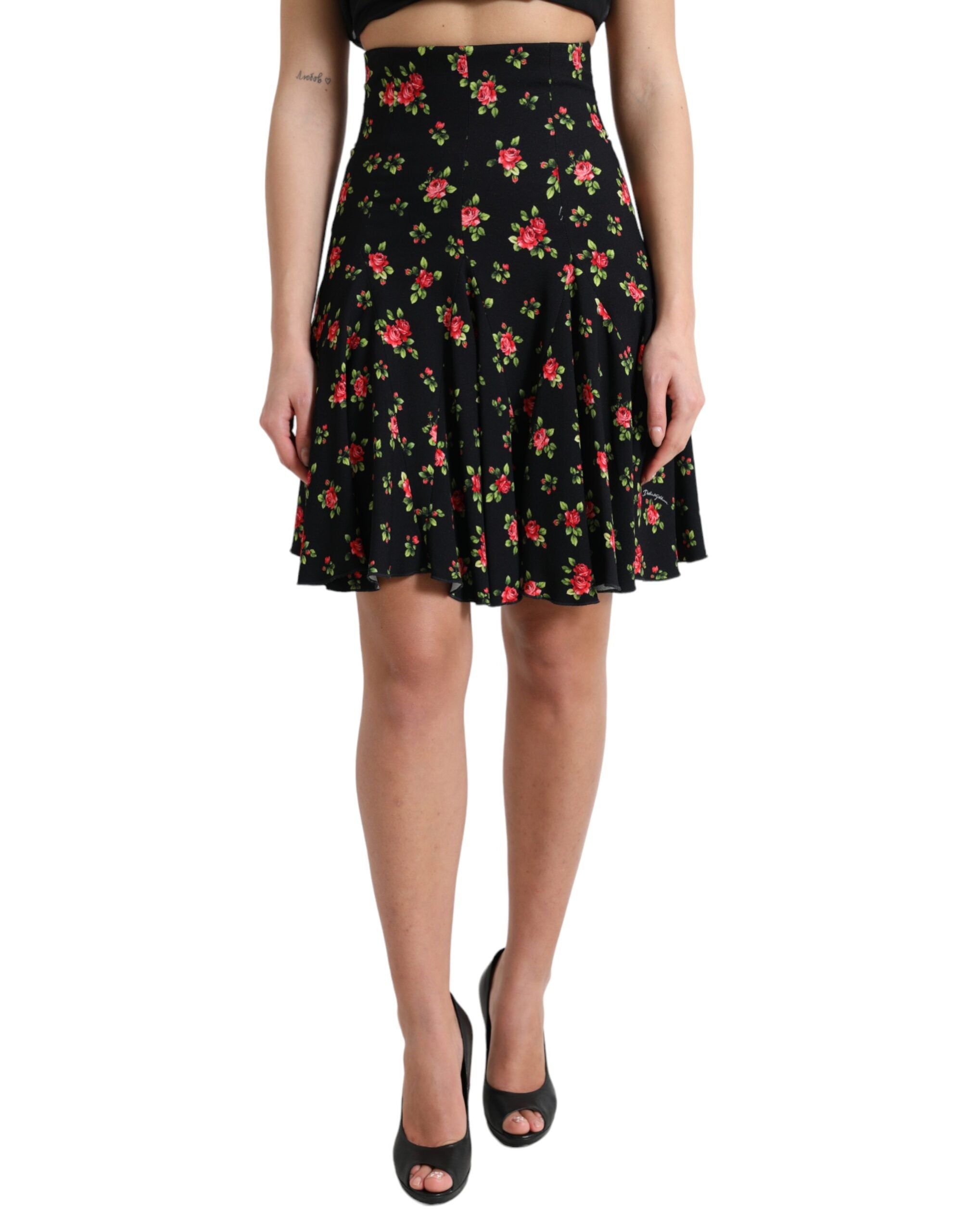 Black Rose Print High Waist A-line Mini Skirt - ventzia
