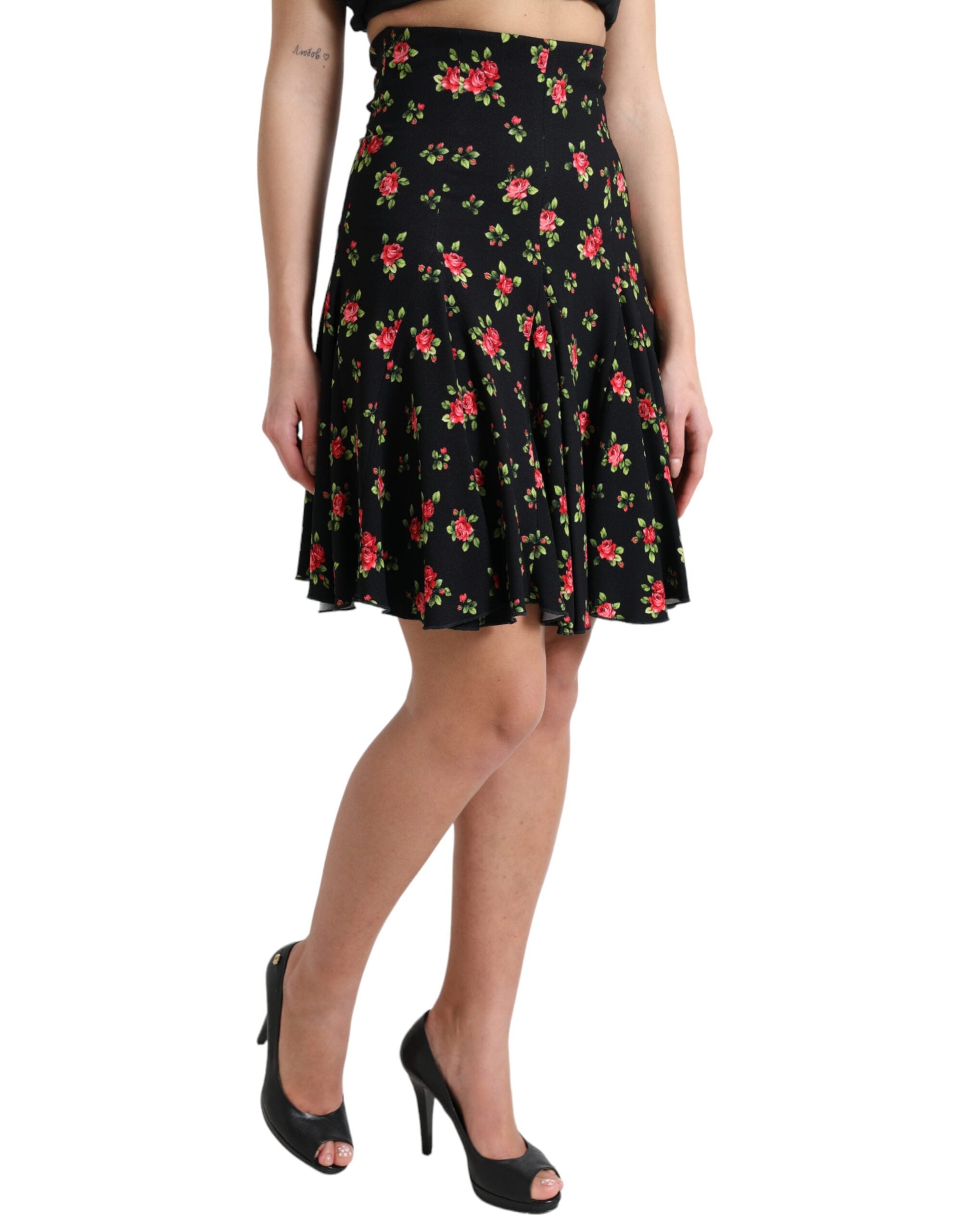 Black Rose Print High Waist A-line Mini Skirt - ventzia