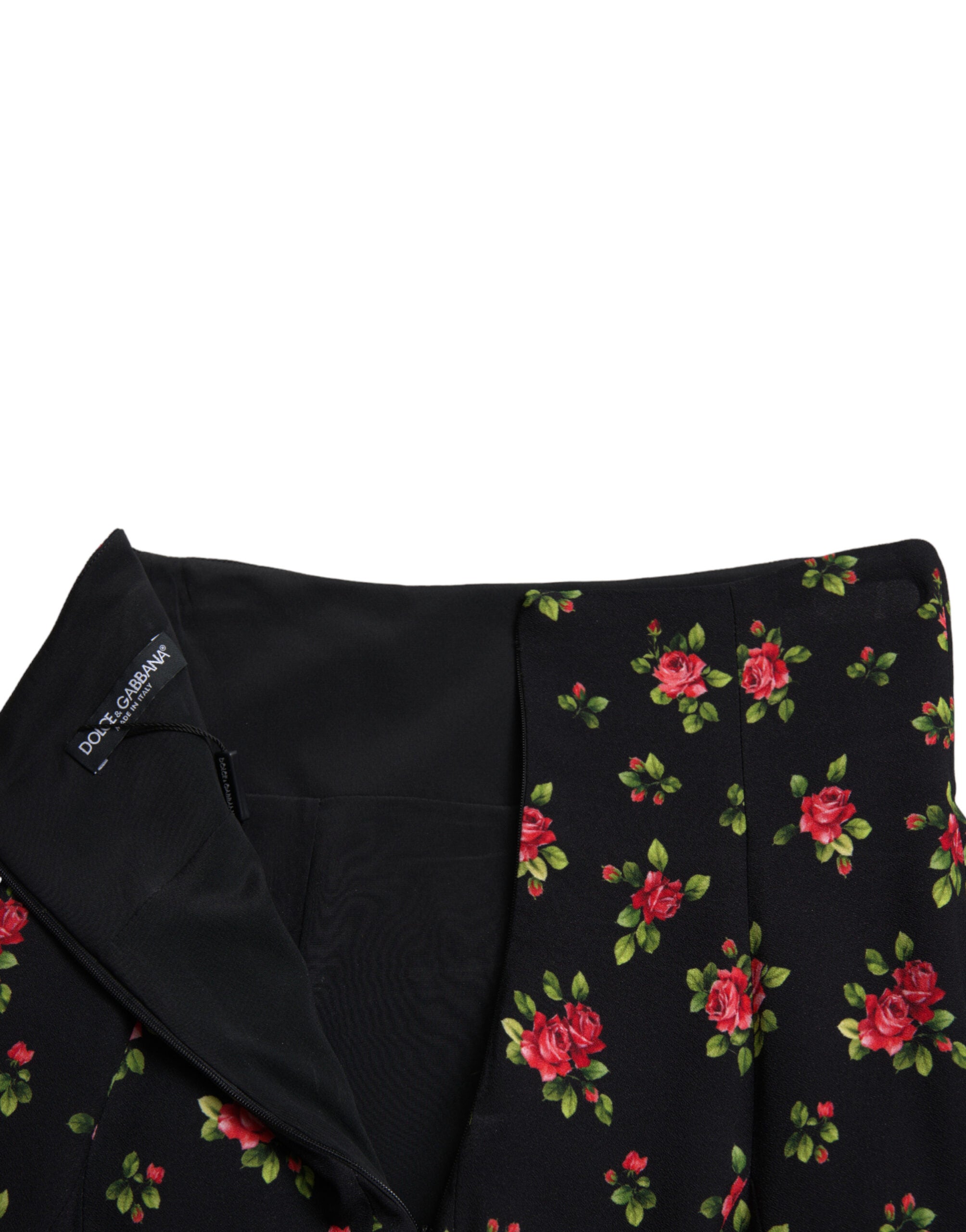 Black Rose Print High Waist A-line Mini Skirt - ventzia