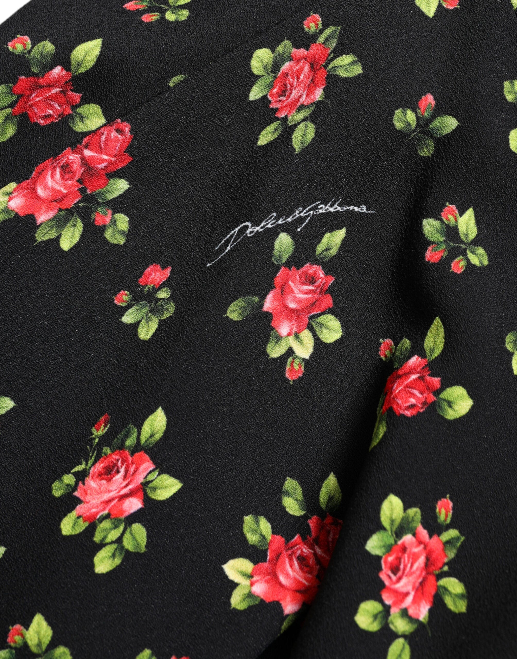 Black Rose Print High Waist A-line Mini Skirt - ventzia