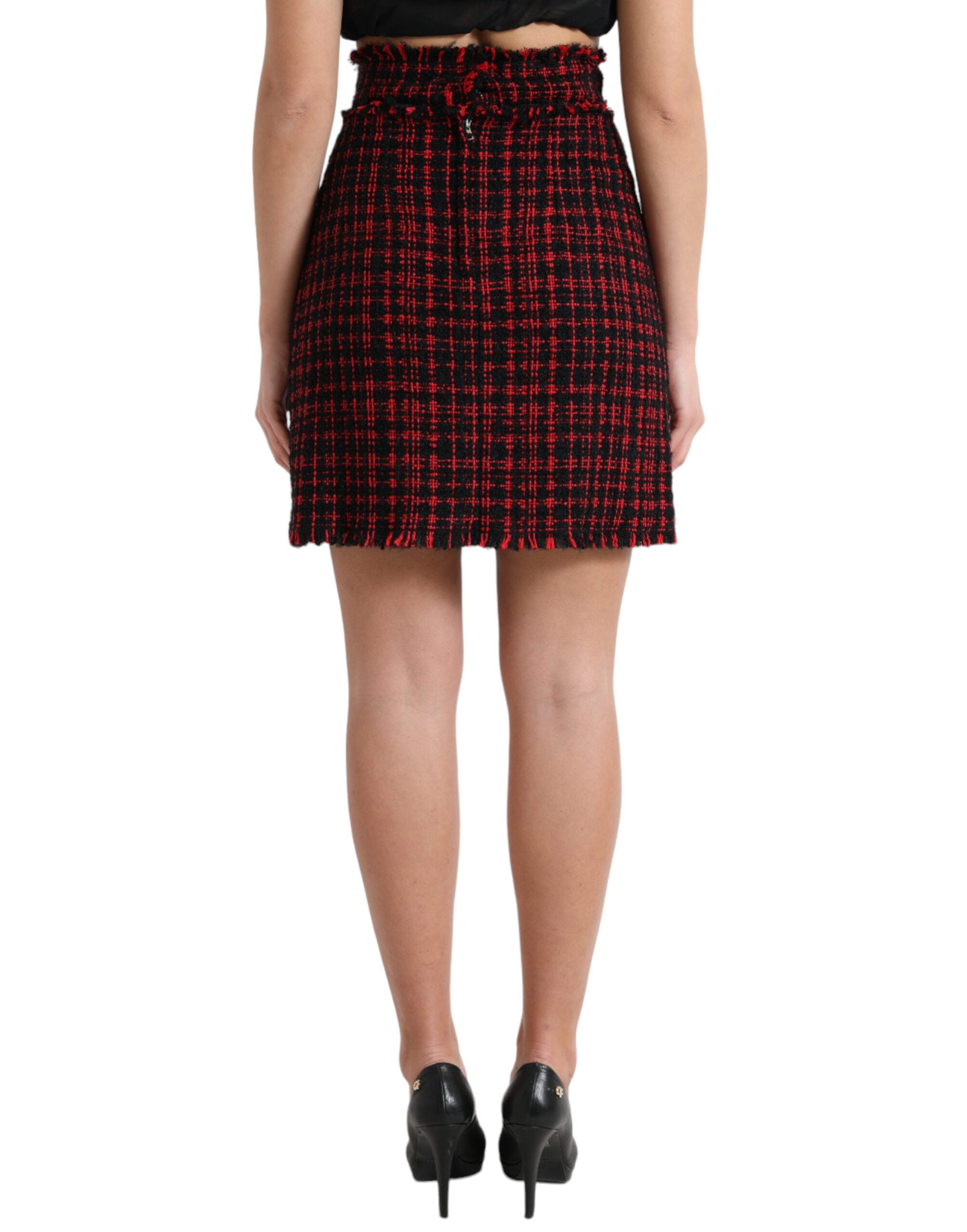 Black Red Cotton High Waist Tartan Tweed Mini Skirt - ventzia