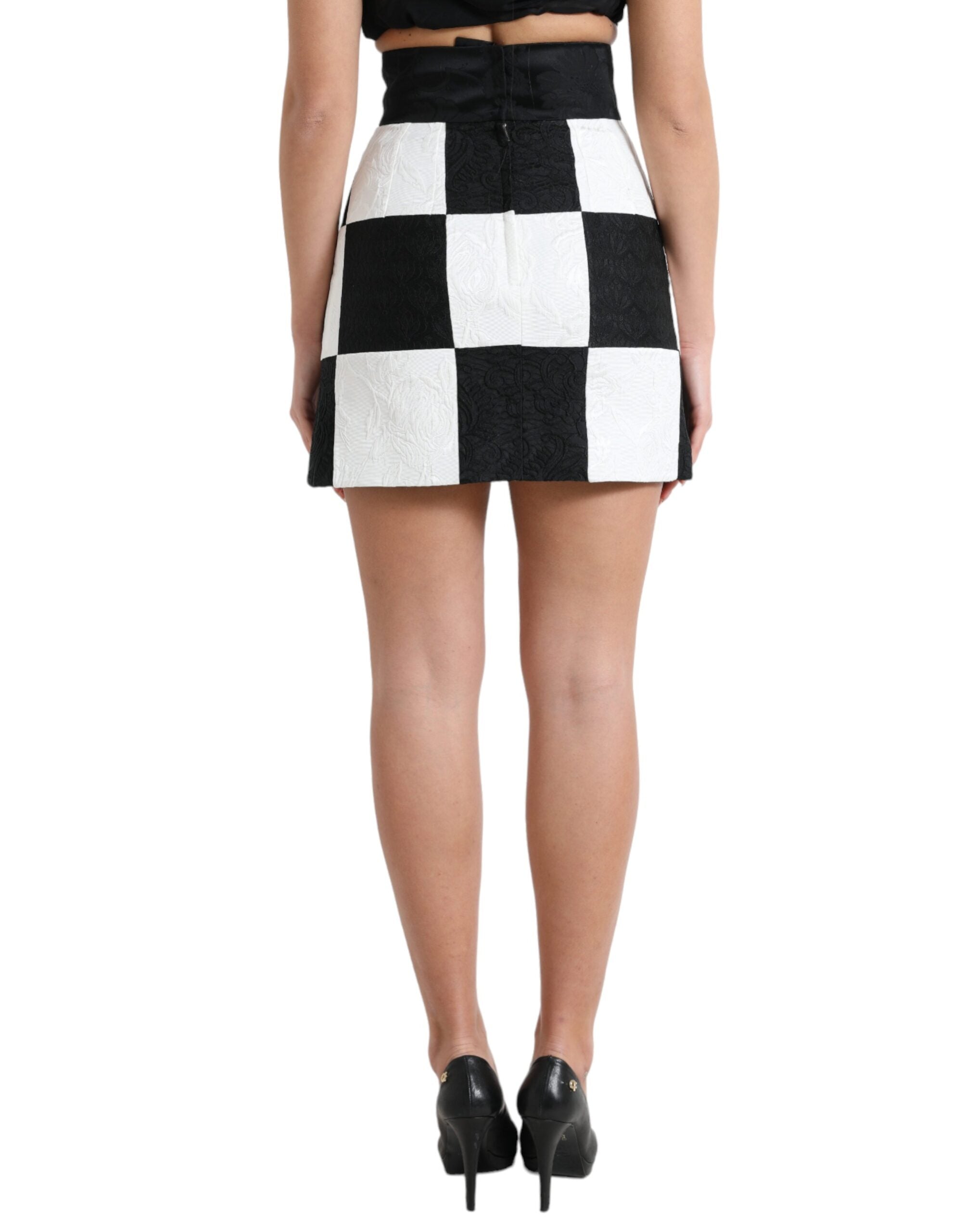 Black White Floral Brocade High Waist Skirt - ventzia