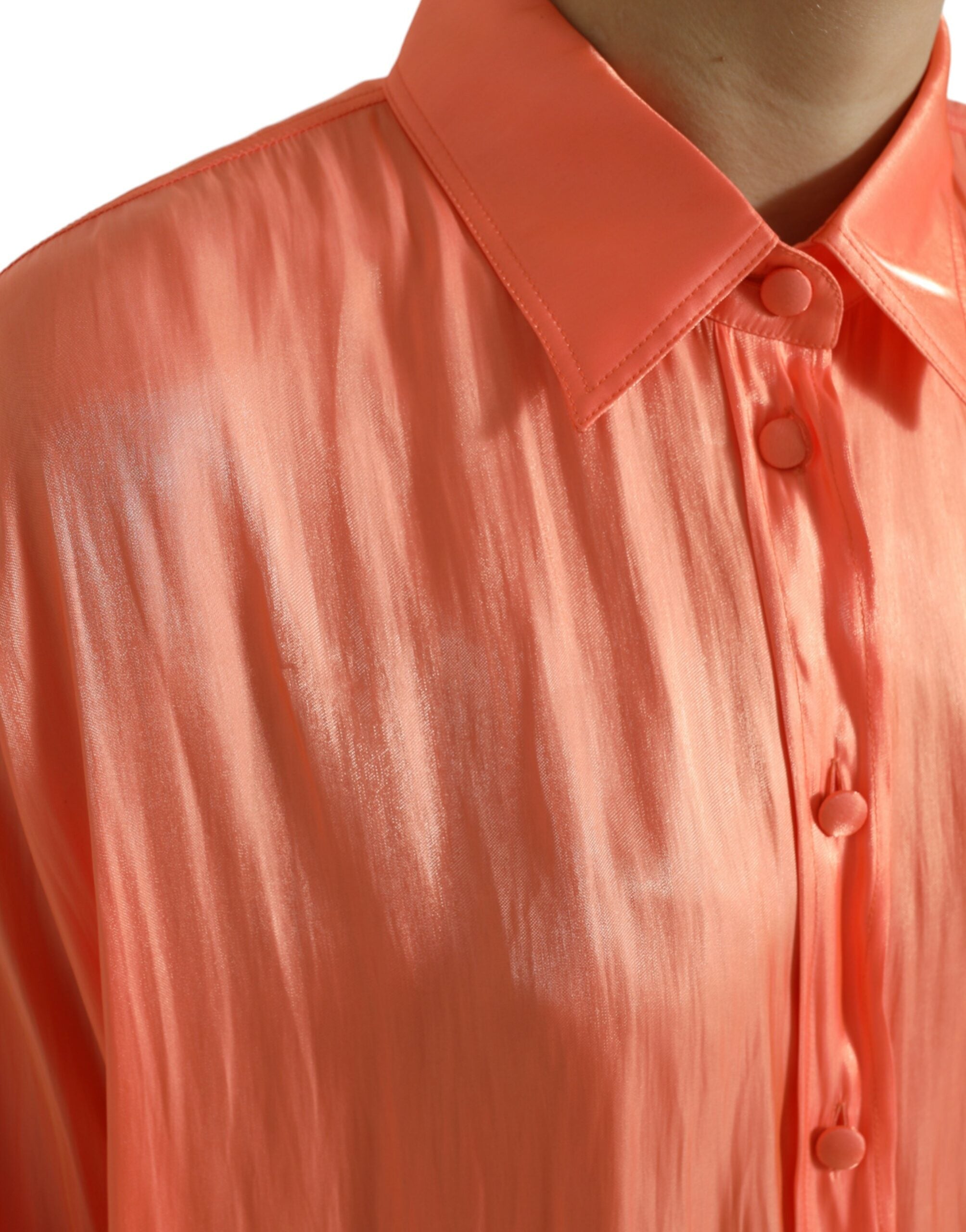 Peach Long Sleeve Button Down Blouse Top - ventzia