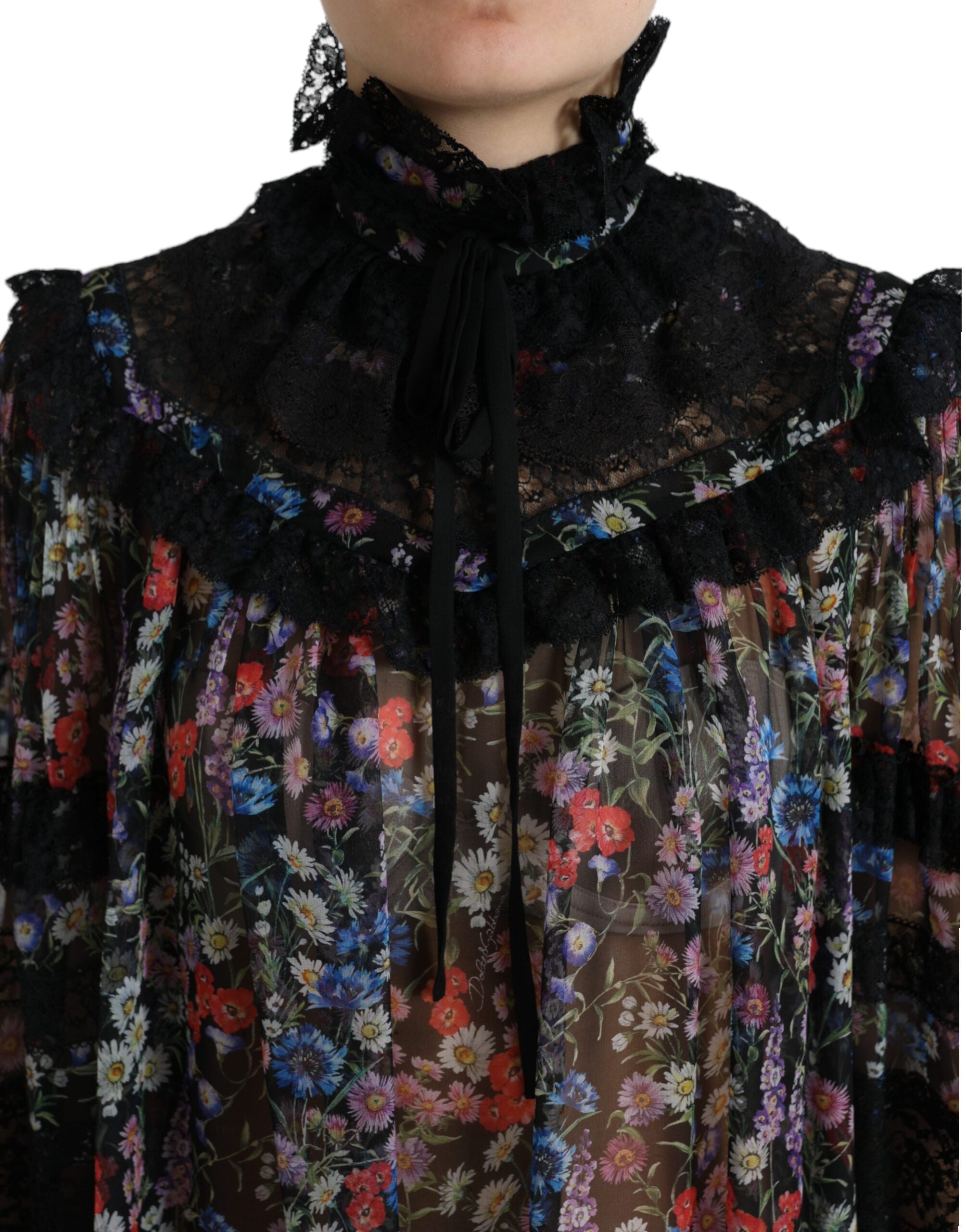 Black Floral Print Long Sleeves Blouse Top - ventzia